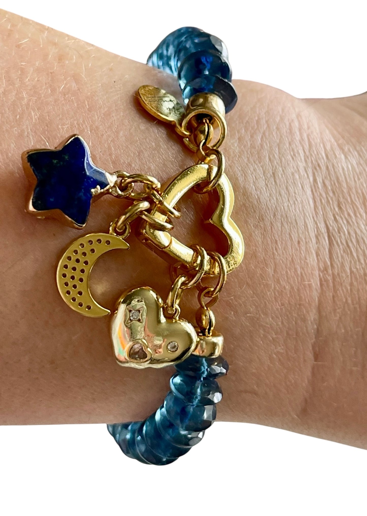 London Blue Bracelet: Hand knotted London Blue Topaz faceted gemstone beads Gold heart clasp with Lapis Lazuli star, Pavé moon and CZ accent heart charms OOAK
