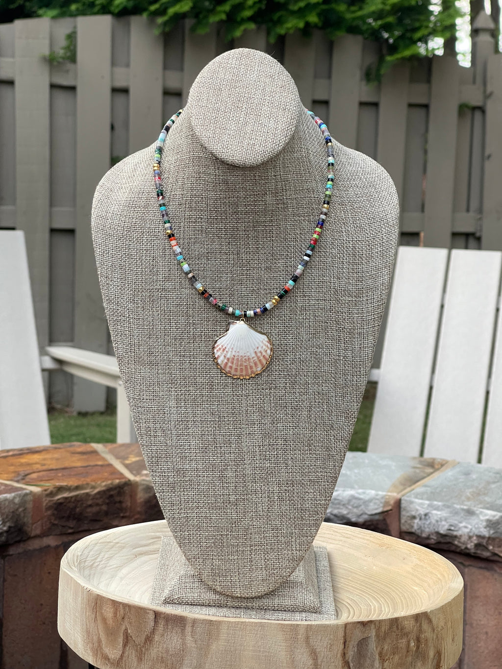 Multi Gem Seashell Necklace: Large variety of natural gemstone beads gold accents Natural seashell pendant