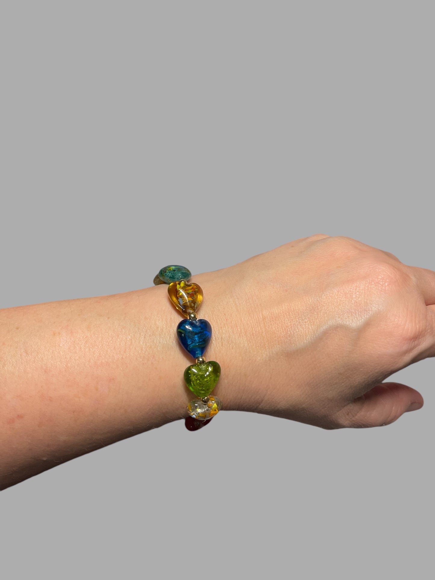 Glass Heartbeats Bracelet: Colorful Handmade Lamp-work Glass Heart Beads Accented with Gold Or Silver