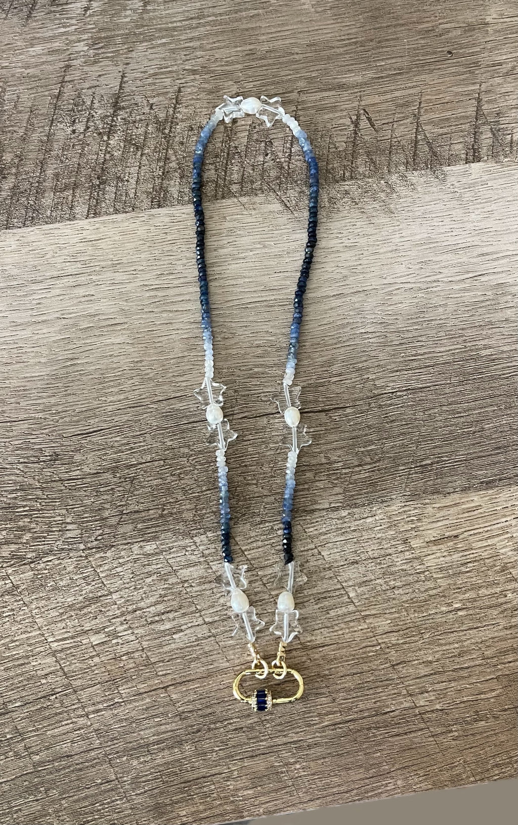 Starry Sky Necklace: Faceted Sapphire Gemstone beads in ombré pattern, Clear Quartz Stars, Freshwater Pearls, Gold clasp w blue CZ OOAK