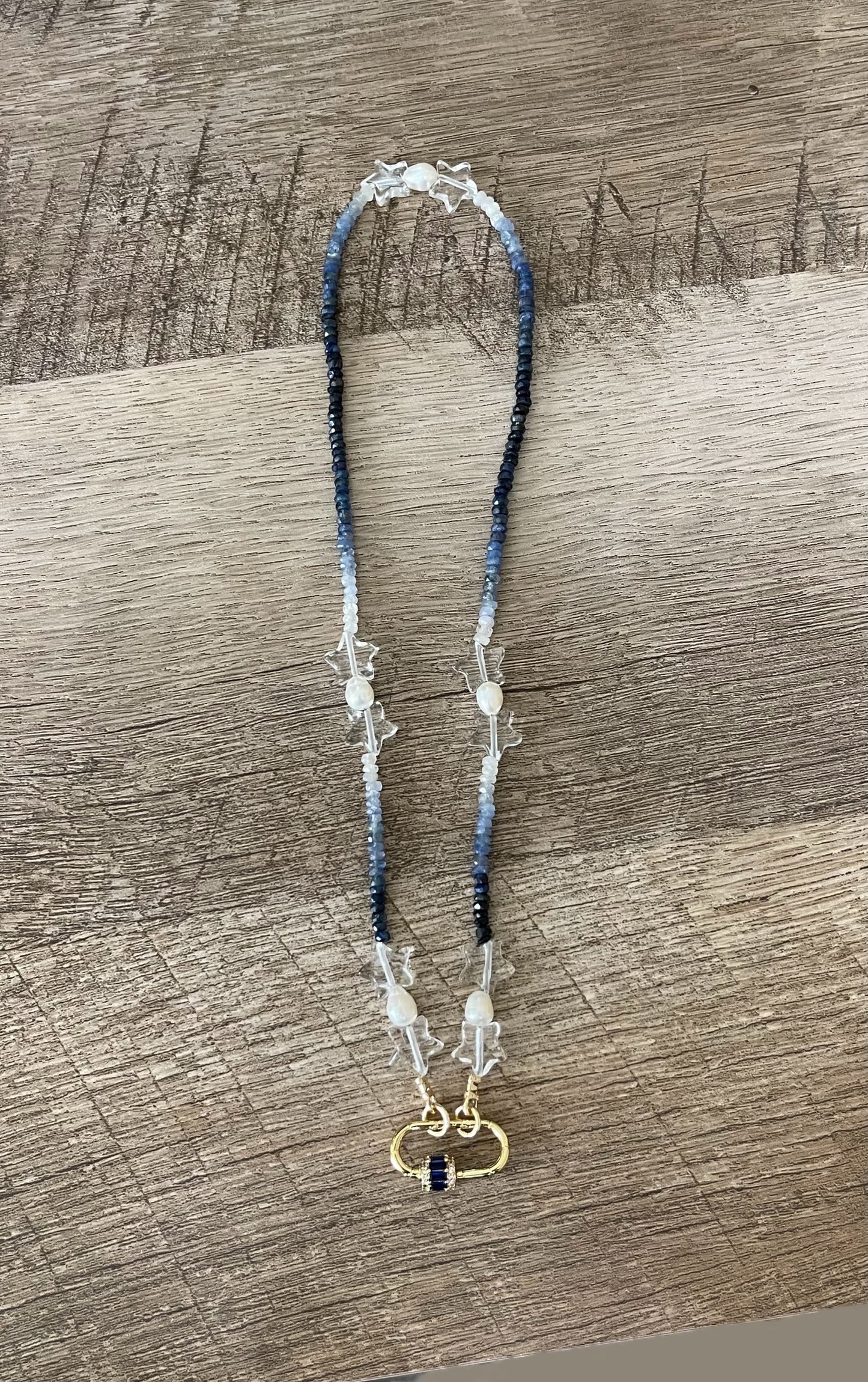 Starry Sky Necklace: Faceted Sapphire Gemstone beads in ombré pattern, Clear Quartz Stars, Freshwater Pearls, Gold clasp w blue CZ OOAK