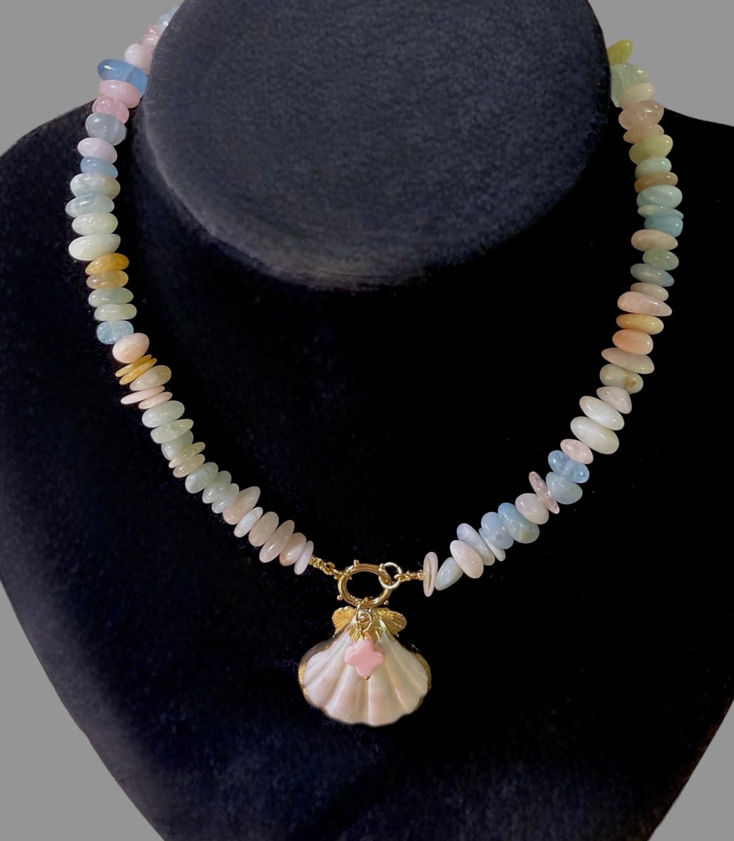 Pastel Charmer Necklace OOAK: Morganite Beryl beads Natural Seashell