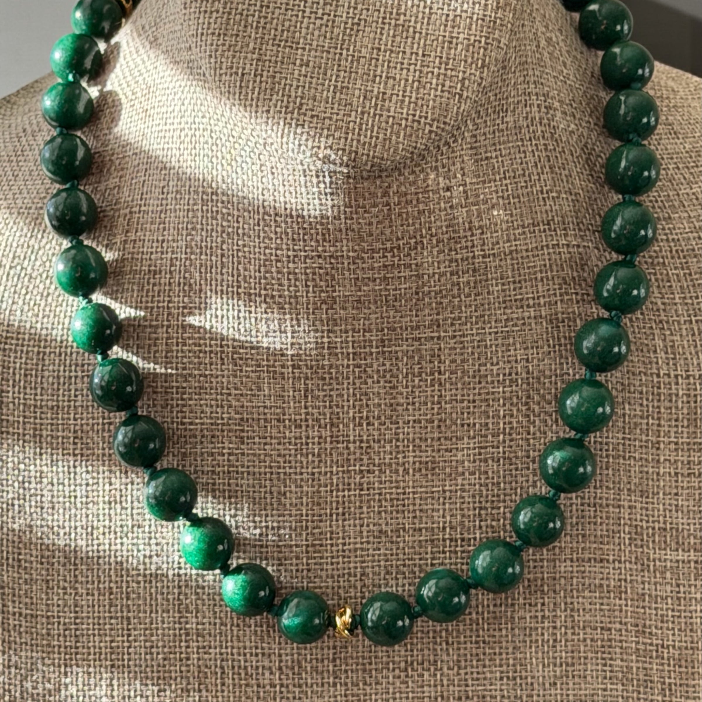 Vintage Vogue Necklace: Vintage Chinese Jade beads hand-knotted on matching satin cord•Gold pavé accents and charms