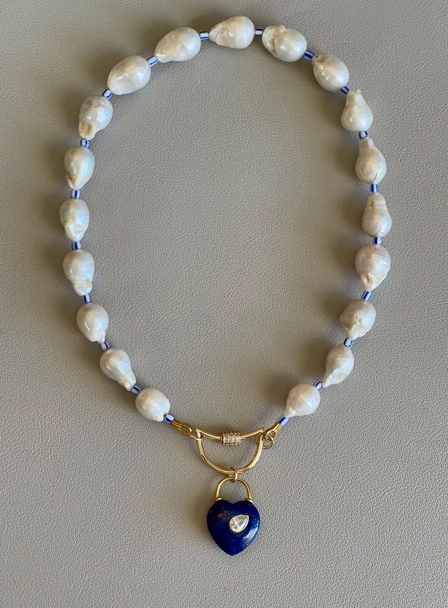 The Gabrielle Necklace: High Quality Baroque Pearls, Blue accent beads and a Lapis Lazuli Heart Pendant OOAK