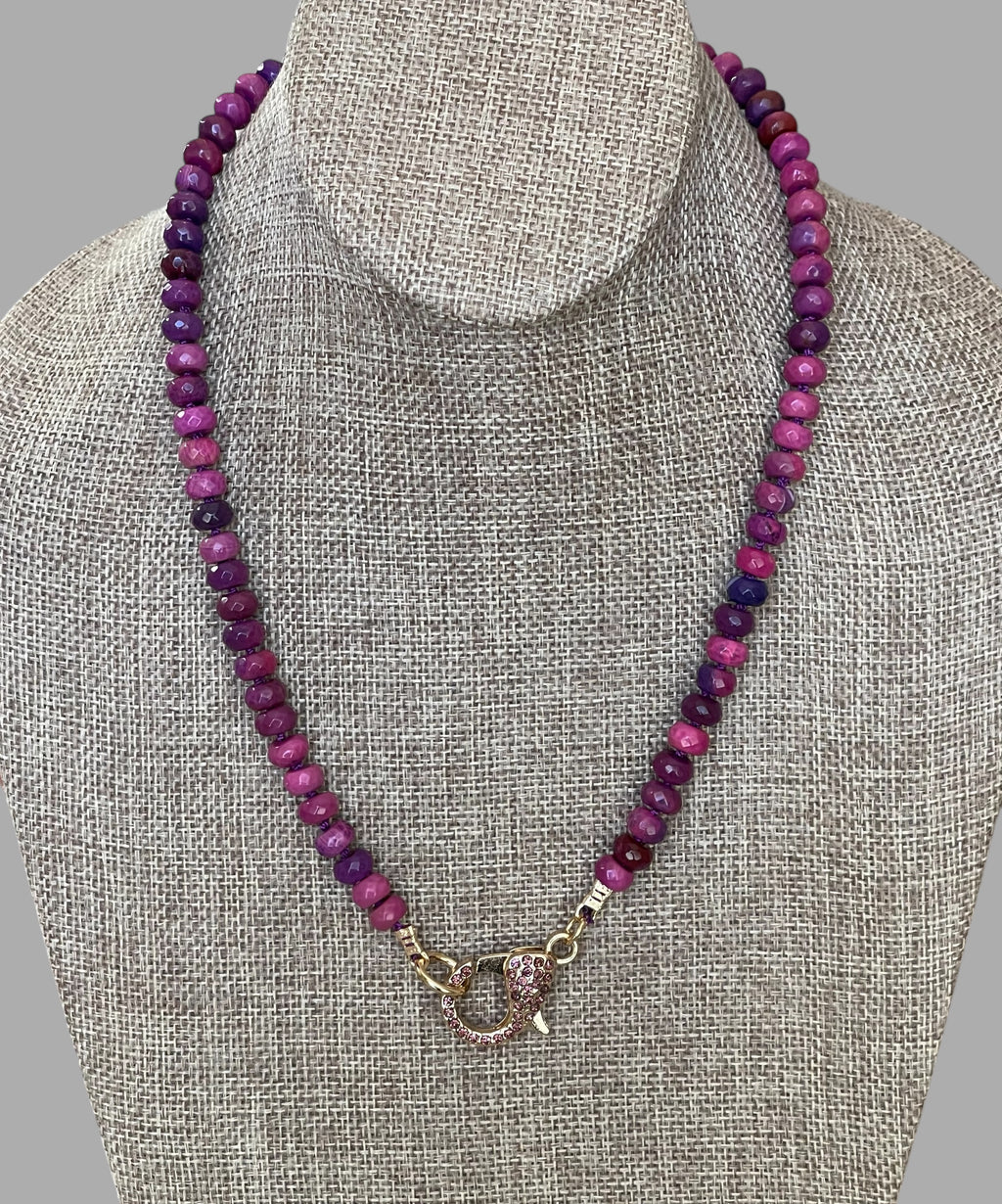Cascadia Bloom Necklace: 2 Options- Dyed Agate faceted beads Hand knotted on silk, one w/ hot pink silk and hot pink pavé clasp and the other on purple silk w/ purple pavé clasp
