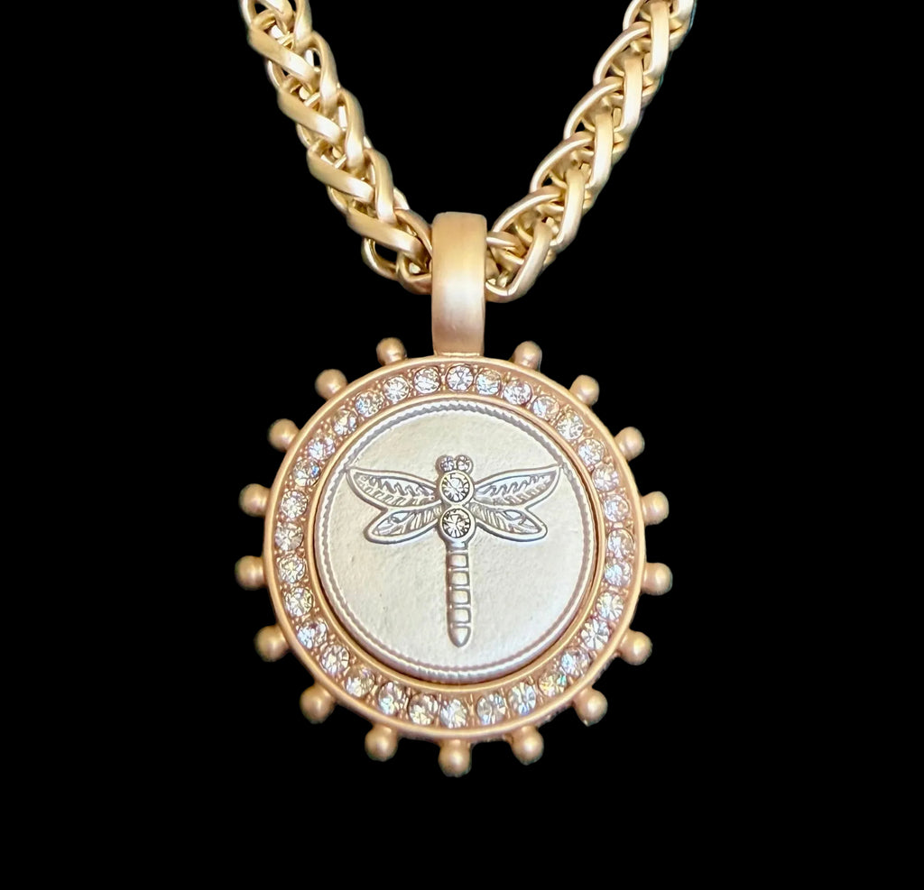 The Aurum Necklace: OOAK Beautiful matte gold wheat chain with dragonfly pendant