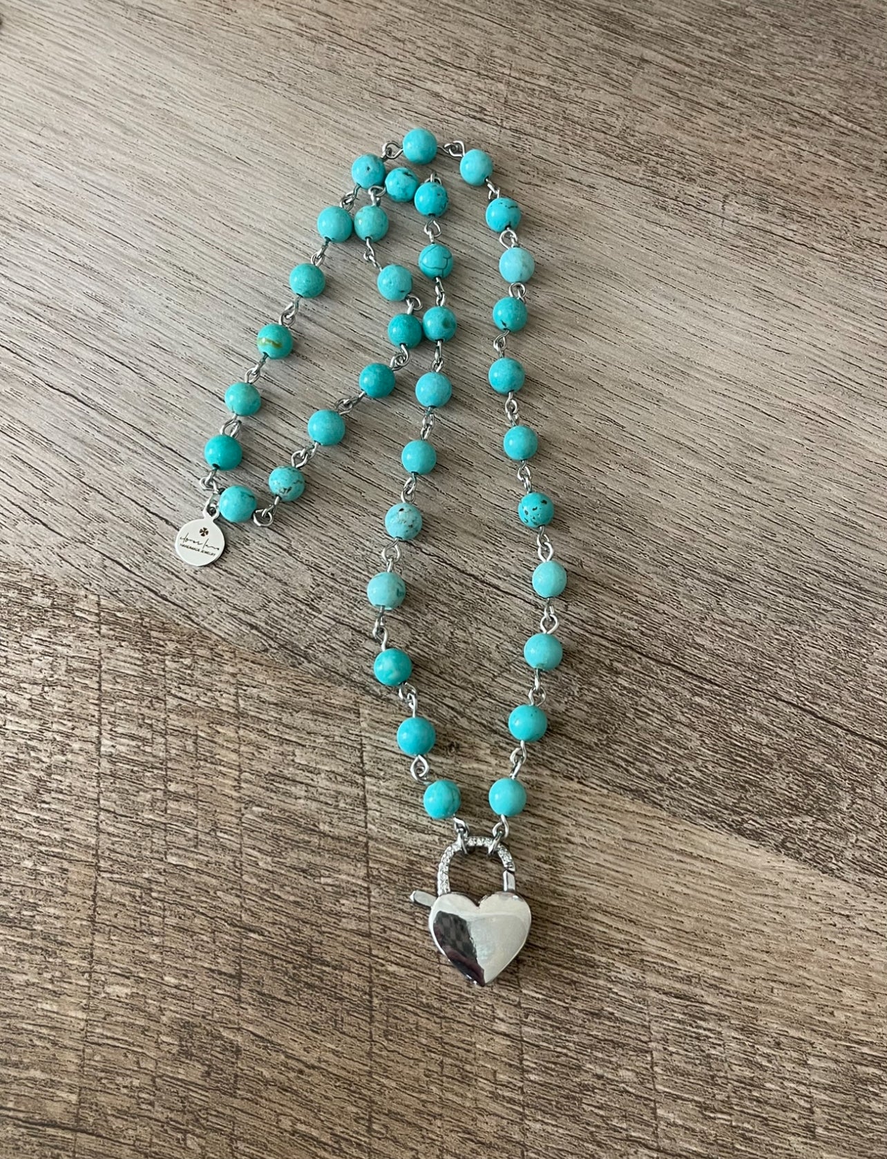 Petite Turquoise Heartbeat Necklace: 6mm Turquoise bead-n-link chain with Silver padlock style clasp charm