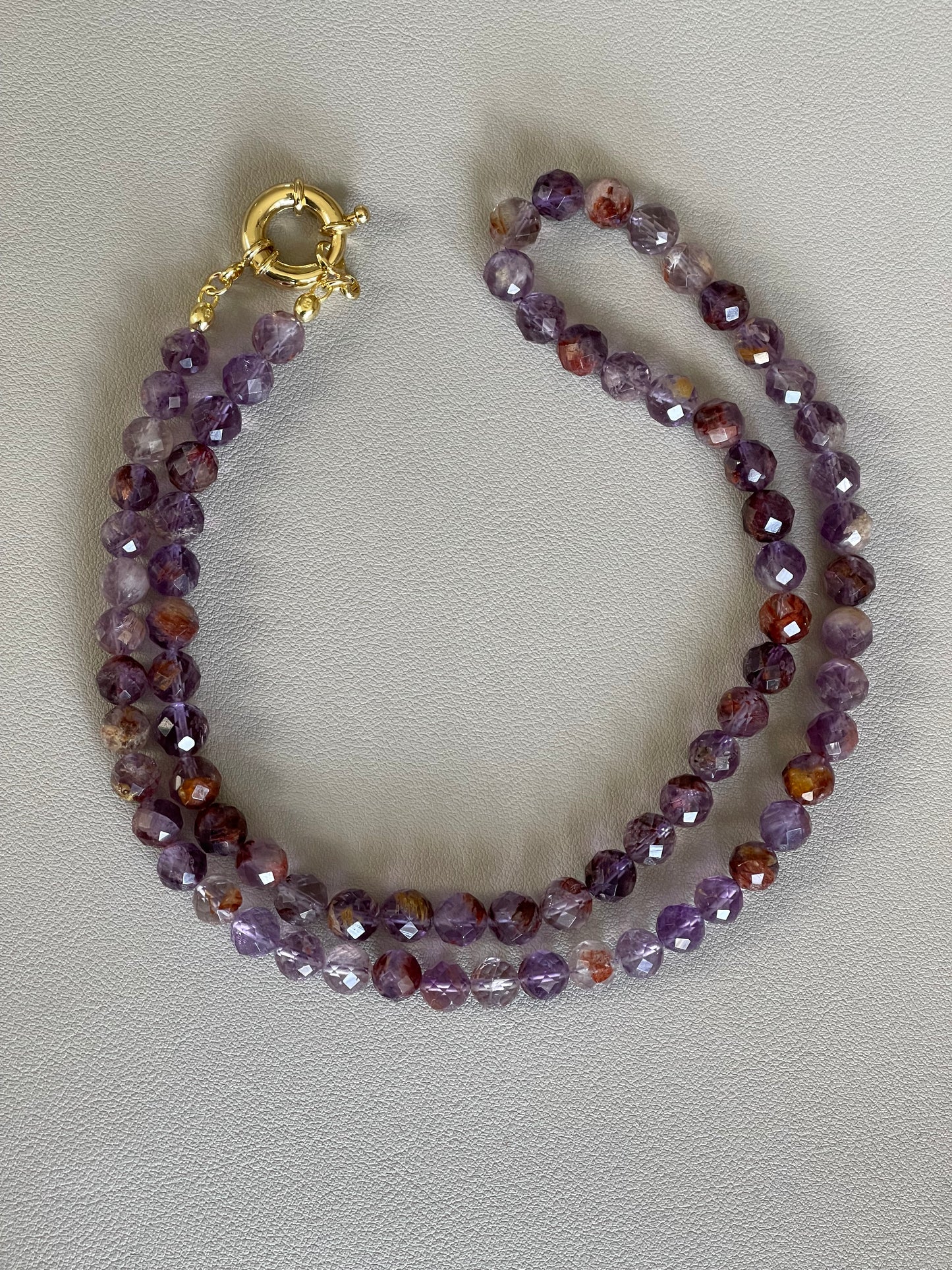 OOAK Faceted Red Cap Super Seven Amethyst Necklace Strung on silk Gold Vermeil Clasp