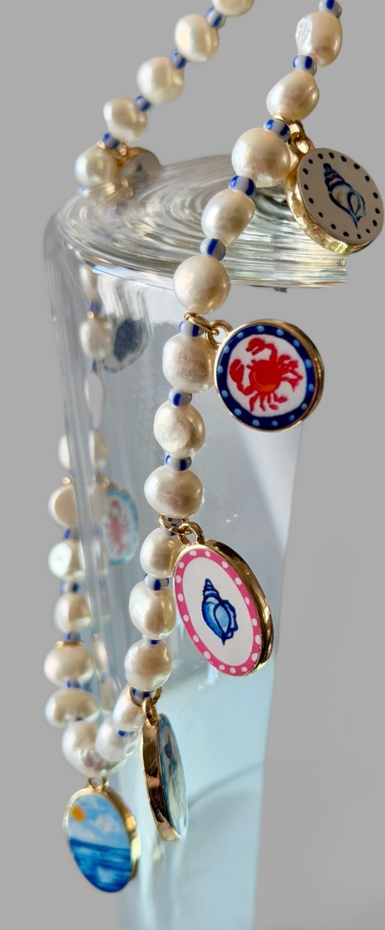 The Salt & Story Necklace: Freshwater Pearls, striped seed beads & Cloisonné charms OOAK
