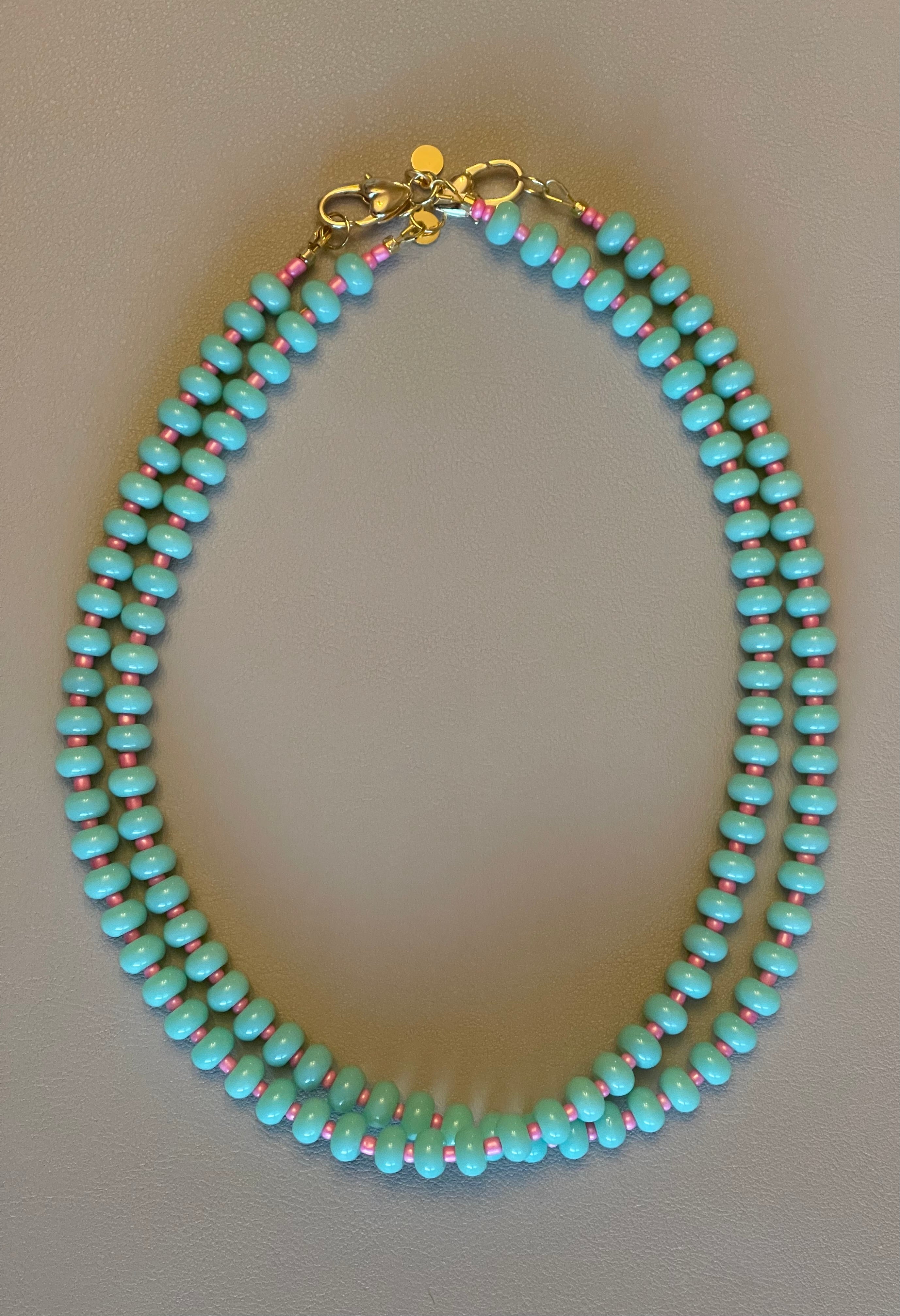 The Poppy Necklace: All glass colorful beads with a gold filled clasp and extender chain