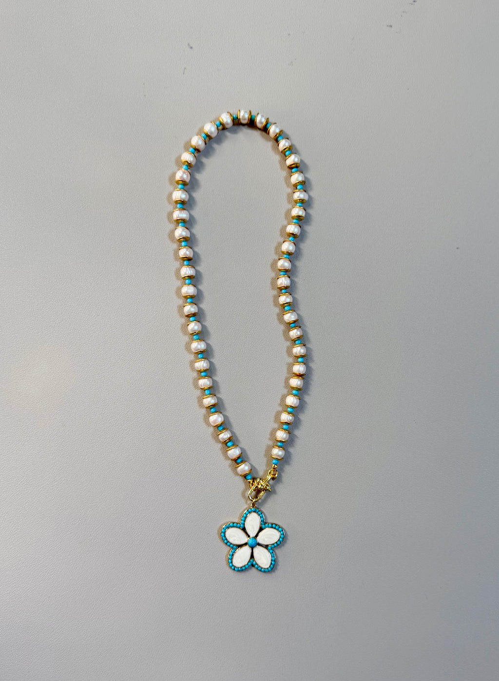 Coastal Petals Necklace: Freshwater Pearls, gold brass & turquoise spacers, Flower pendant OOAK