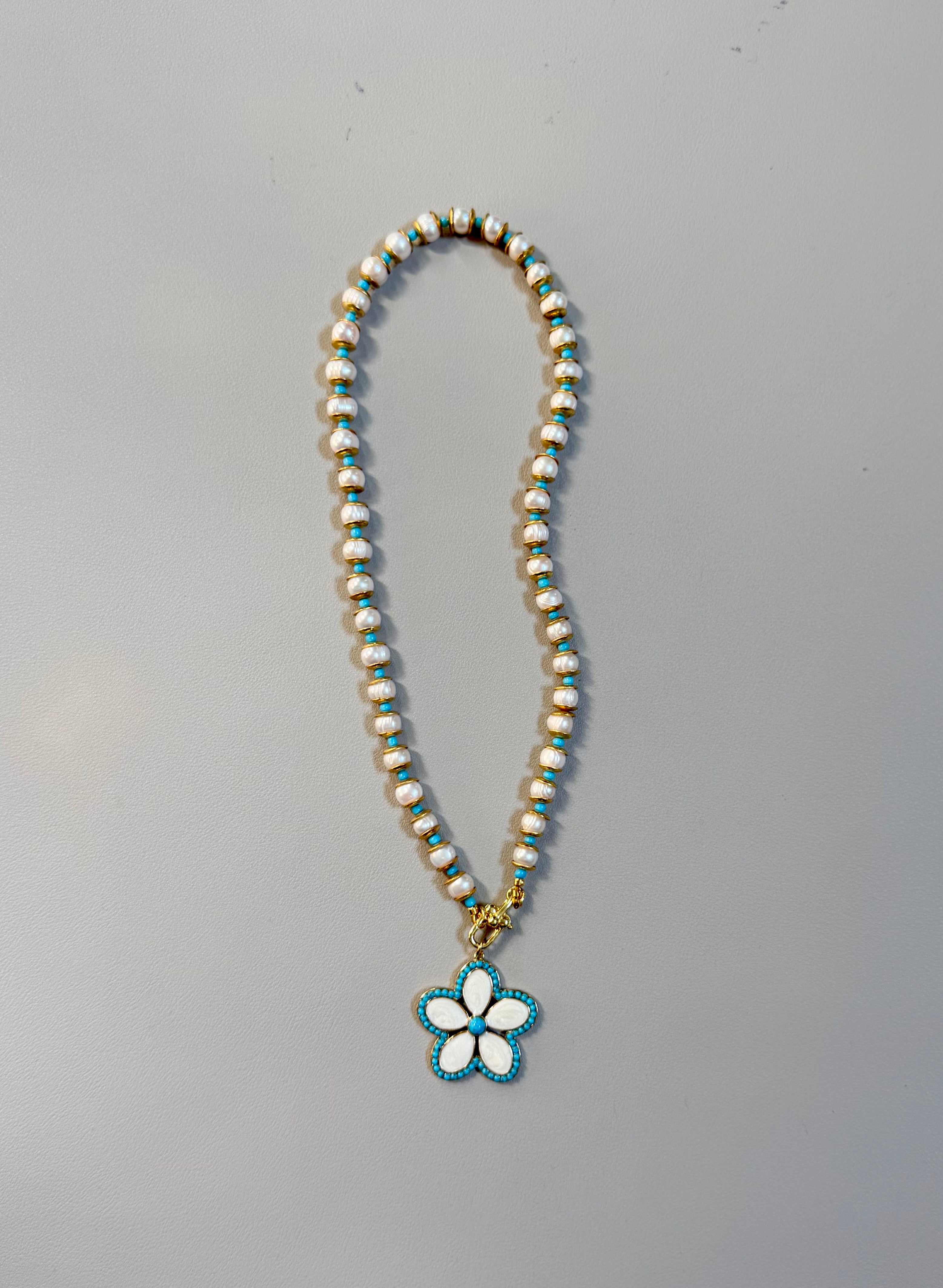 Coastal Petals Necklace: Freshwater Pearls, gold brass & turquoise spacers, Flower pendant OOAK