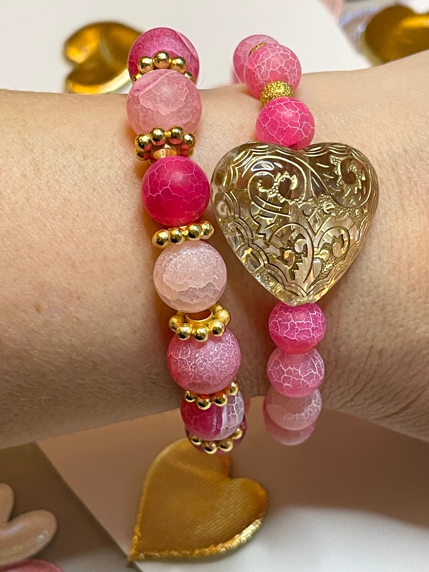 OOAK Ombré Hot Pink & Gold Stack (2) Hot pink ombré crackled glass beads with gold brass accent beads a puffy clear acrylic engraved heart bead