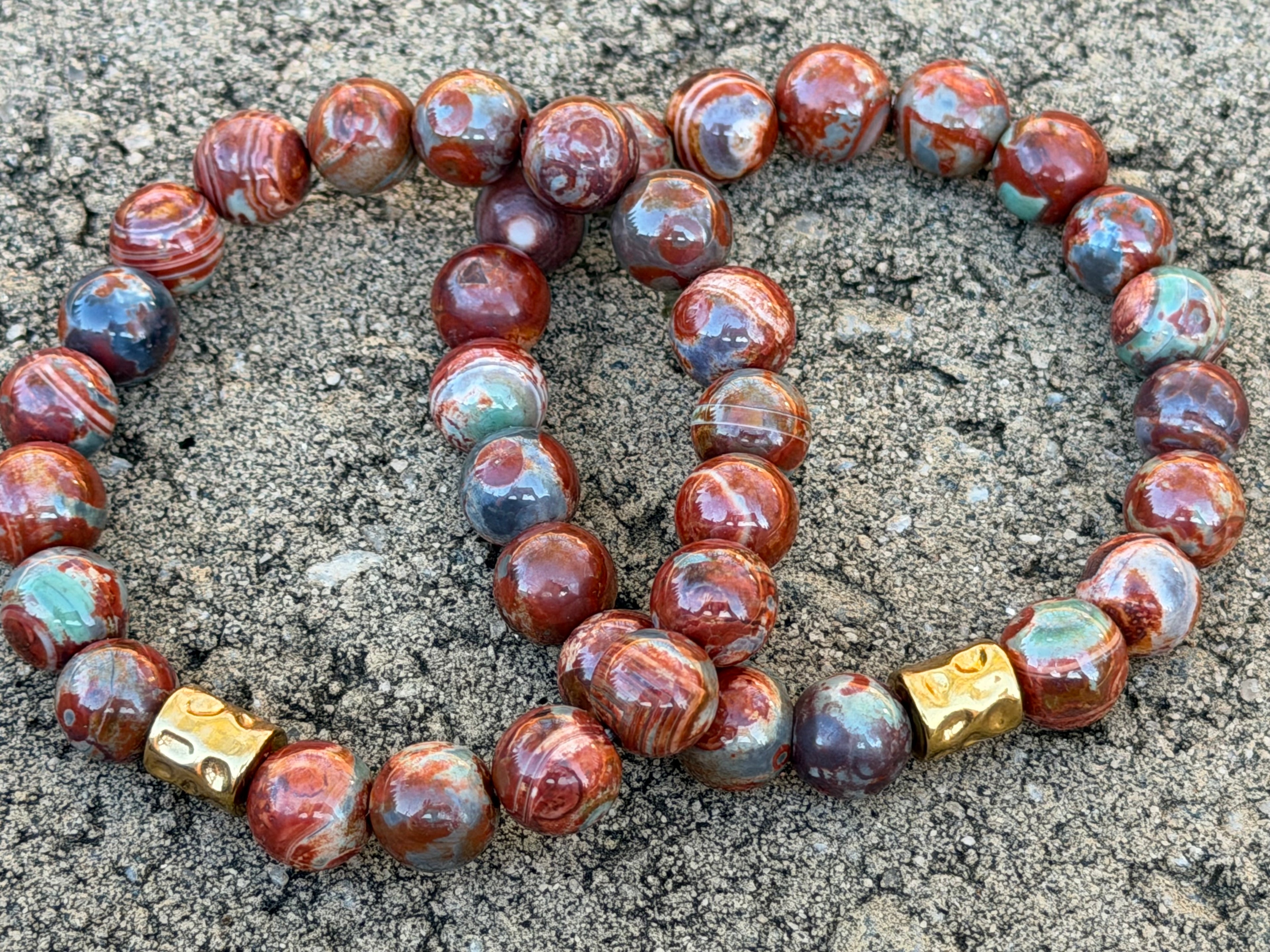 Red Copper & Sage Agate Stretch Bracelet w/ Gold Accent