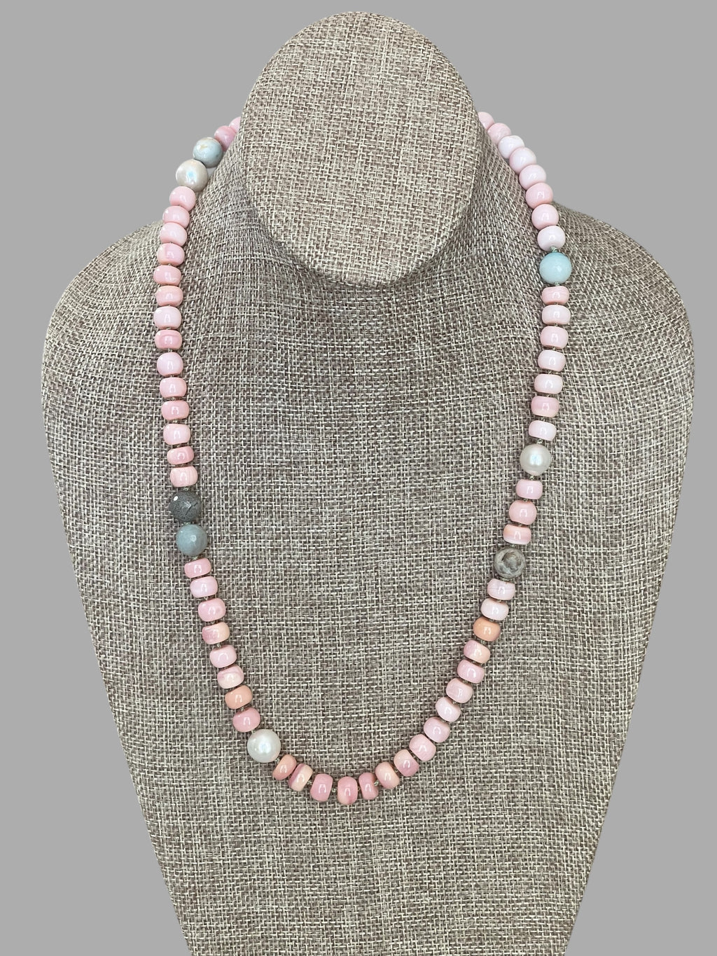 The Audrey Necklace: Natural pink opals hand knotted on pale green silk w Pearls and Amazonite