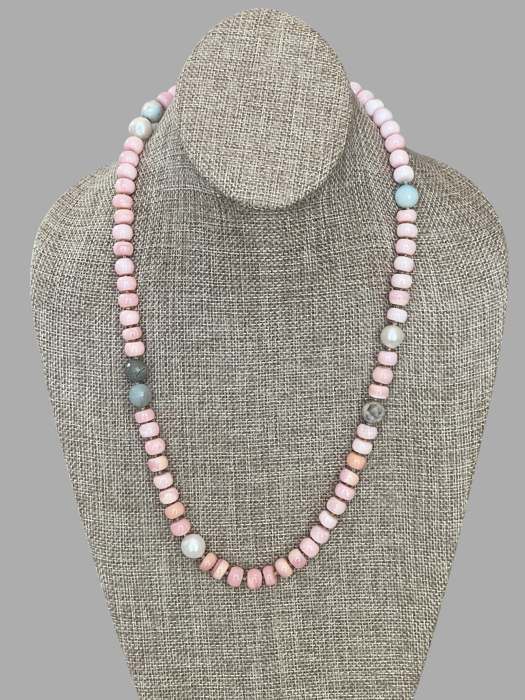 The Audrey Necklace: Natural pink opals hand knotted on pale green silk w Pearls and Amazonite