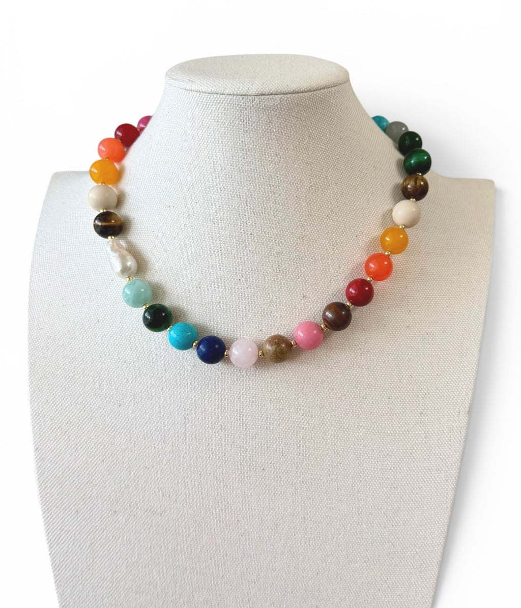 The Storyteller Necklace: Multi-Color Gemstones with a Baroque Pearl