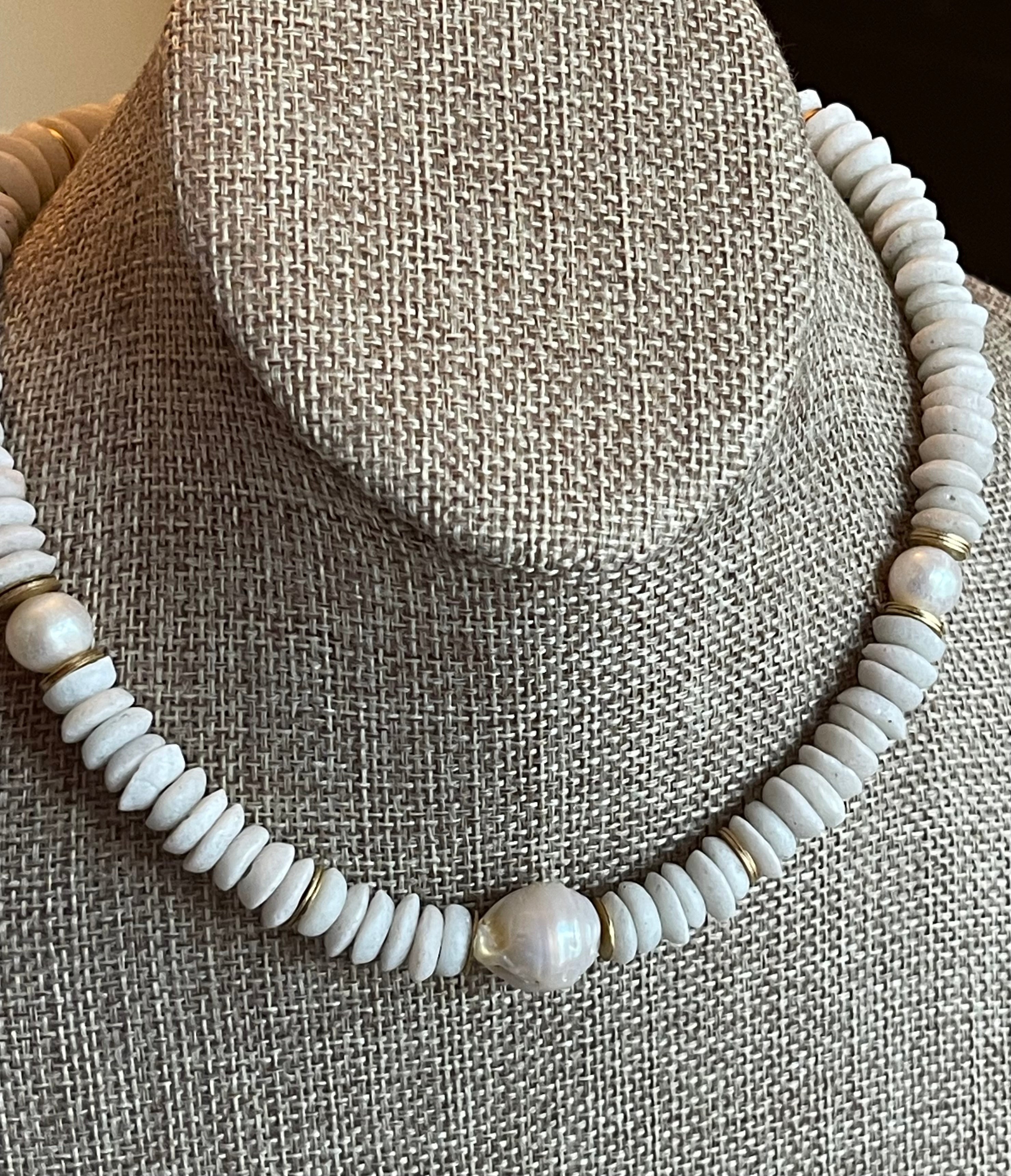 White Sands Necklace: White Ashanti Glass Beads with Baroque Pearls