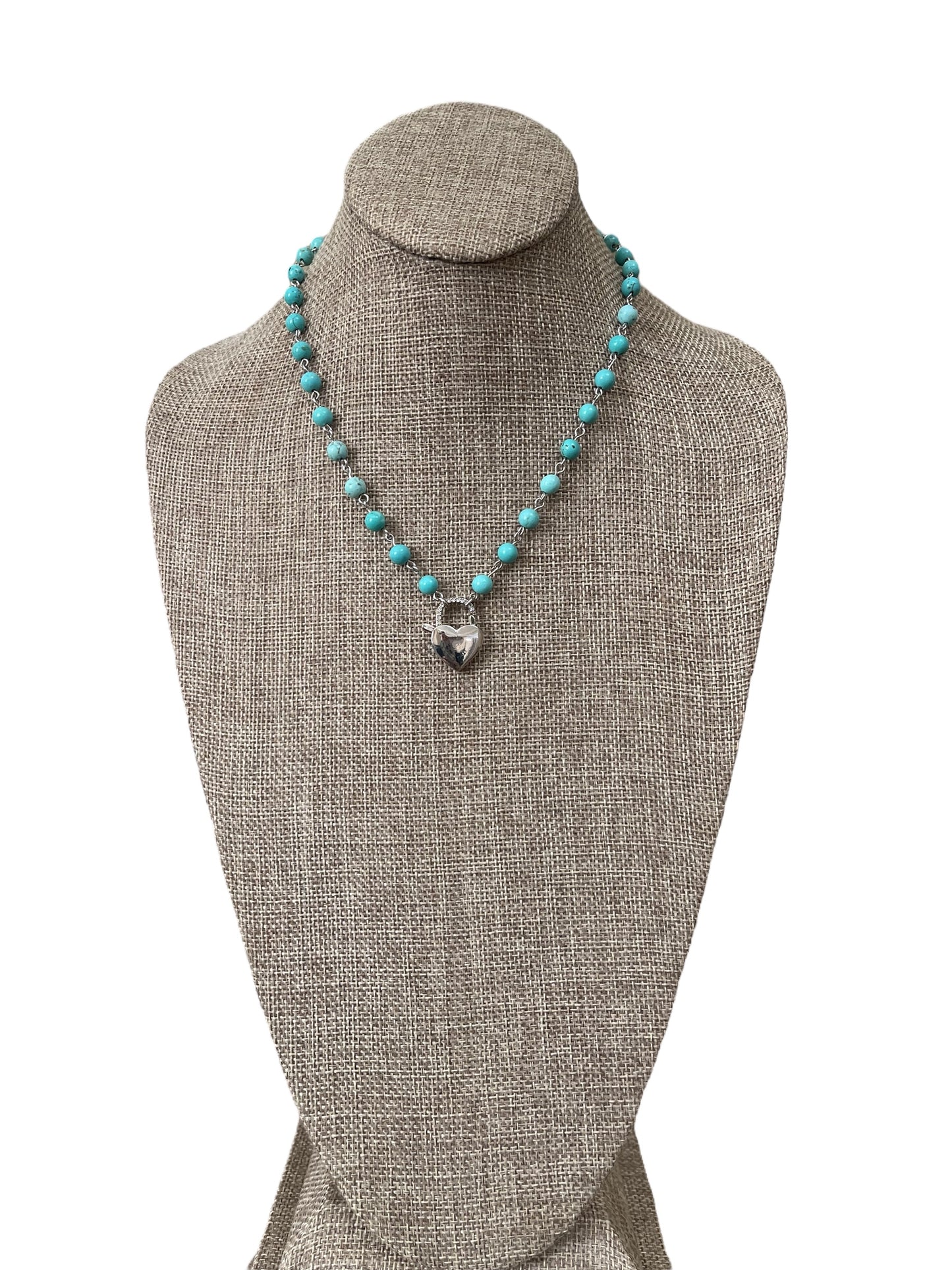 Petite Turquoise Heartbeat Necklace: 6mm Turquoise bead-n-link chain with Silver padlock style clasp charm