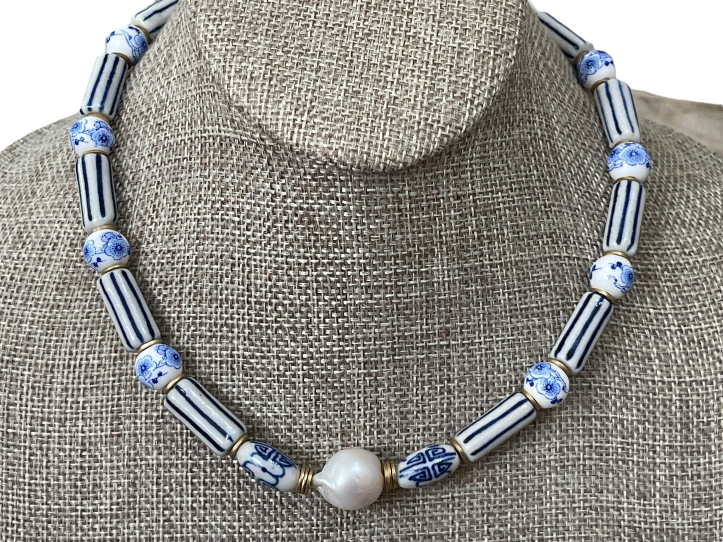 Chinoiserie Chic Necklace: Porcelain & Ceramic beads, 24k gold accents and clasp, Baroque Pearl center OOAK