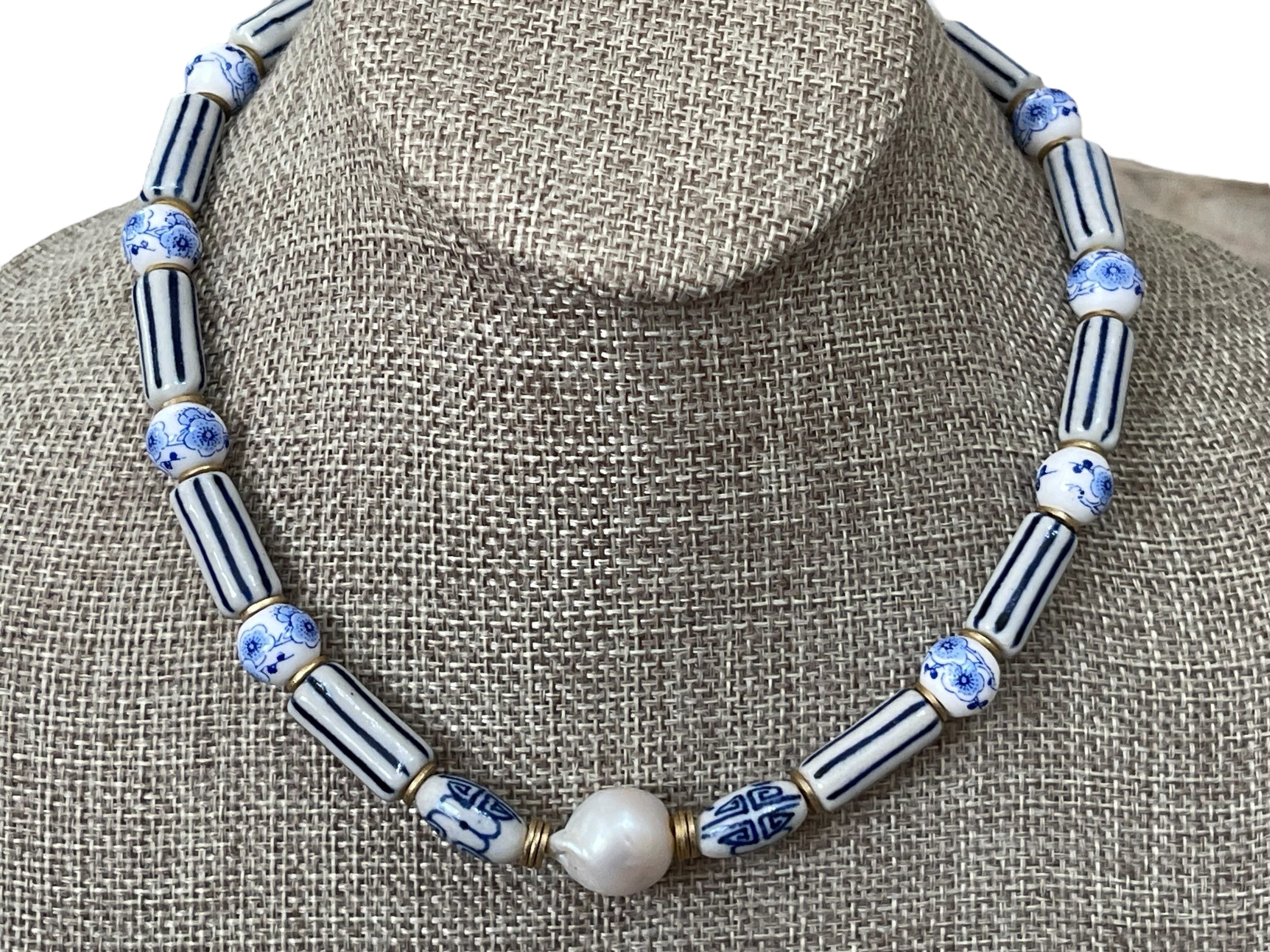 Chinoiserie Chic Necklace: Porcelain & Ceramic beads, 24k gold accents and clasp, Baroque Pearl center OOAK
