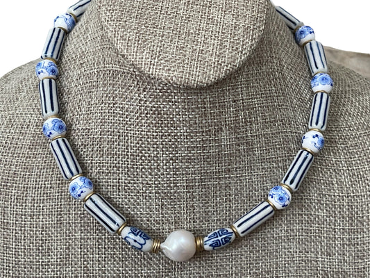 Chinoiserie Chic Necklace: Porcelain & Ceramic beads, 24k gold accents and clasp, Baroque Pearl center OOAK
