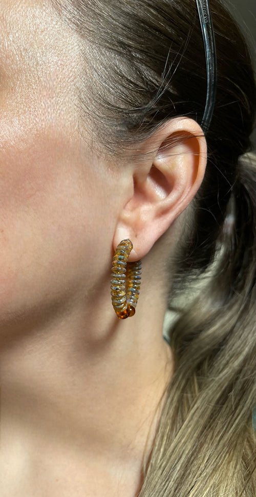 Baltic Amber Stone Earrings: Gold or Silver Hoop earrings with Czech Glass beads and Natural Baltic Stone