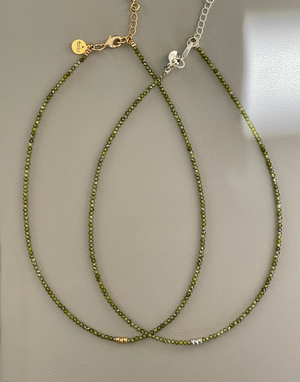 Green Zircon Skinnie: Olive Green Zircon beads with Gold or Silver accents