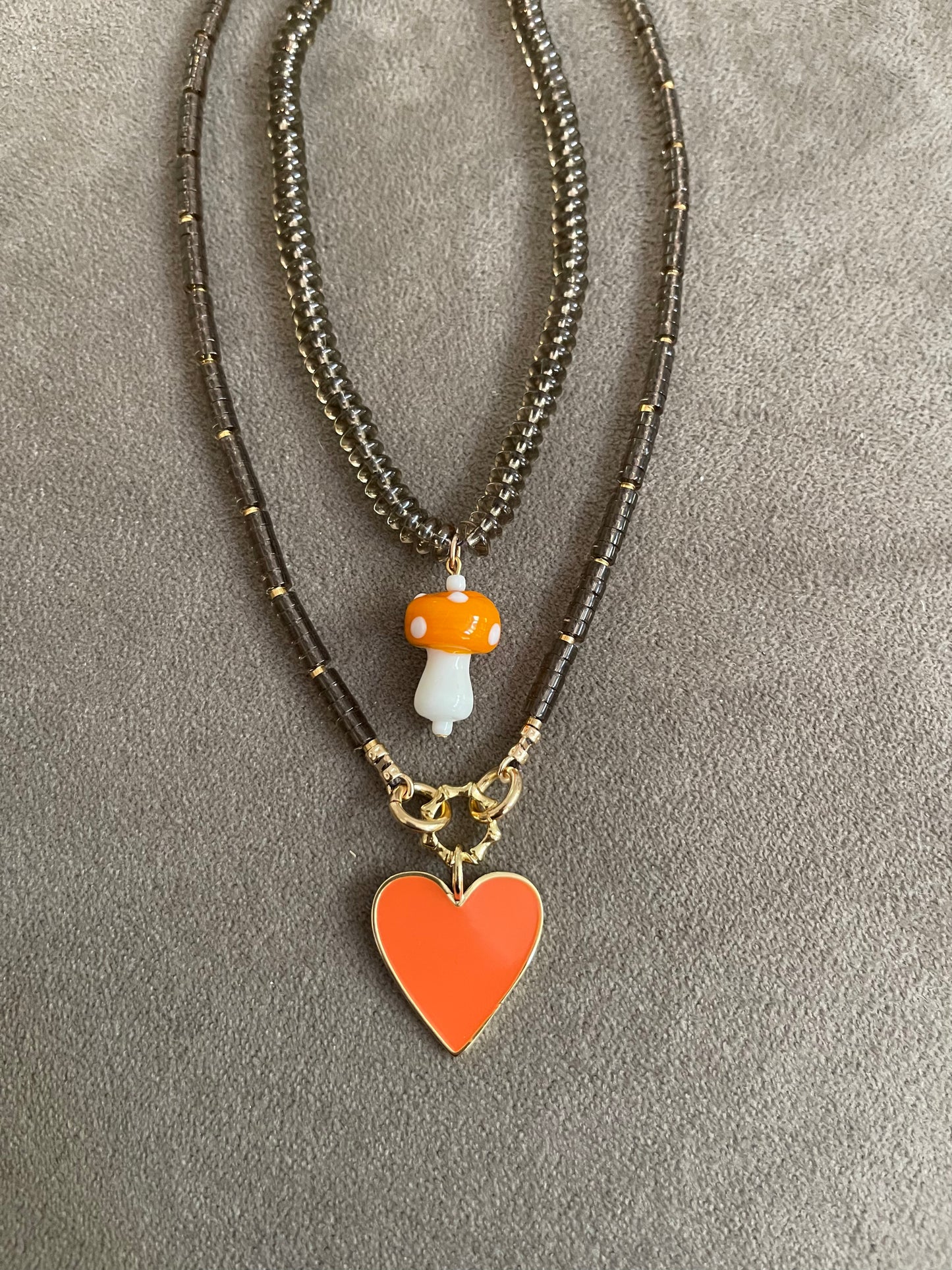 Orange Heart Necklace: Smokey Quartz Heishi Cut Beads w Gold Accents and Orange Enameled Heart Charm