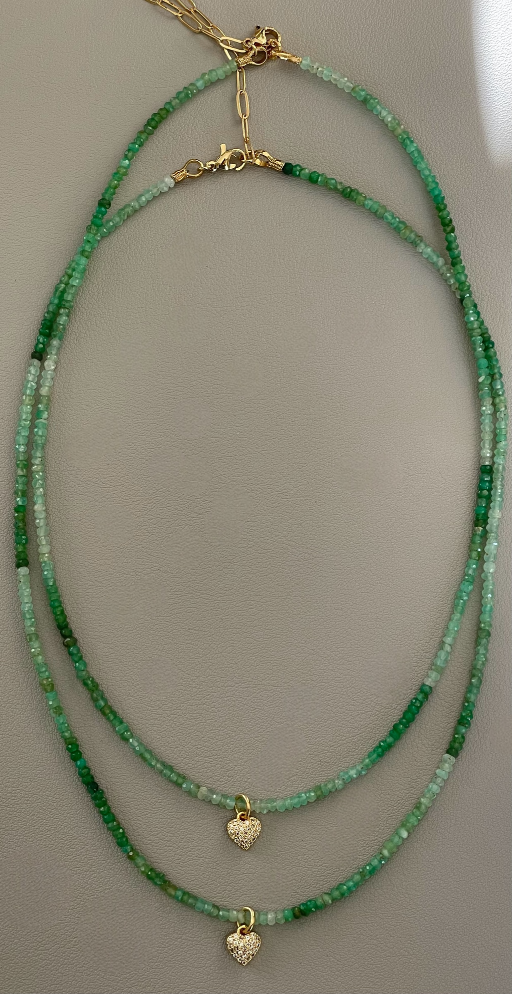 Chrysoprase Tiny Heart Skinnie: gradient Chrysoprase faceted 3mm beads Gold Pavé heart charm and gold clasp