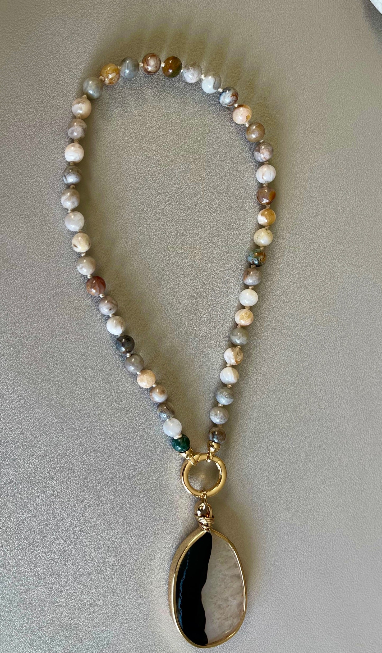 OOAK: Bamboo Agate Hand Knotted Beads with Gold Vermeil Clasp and Mixed Color Agate Stone Pendant