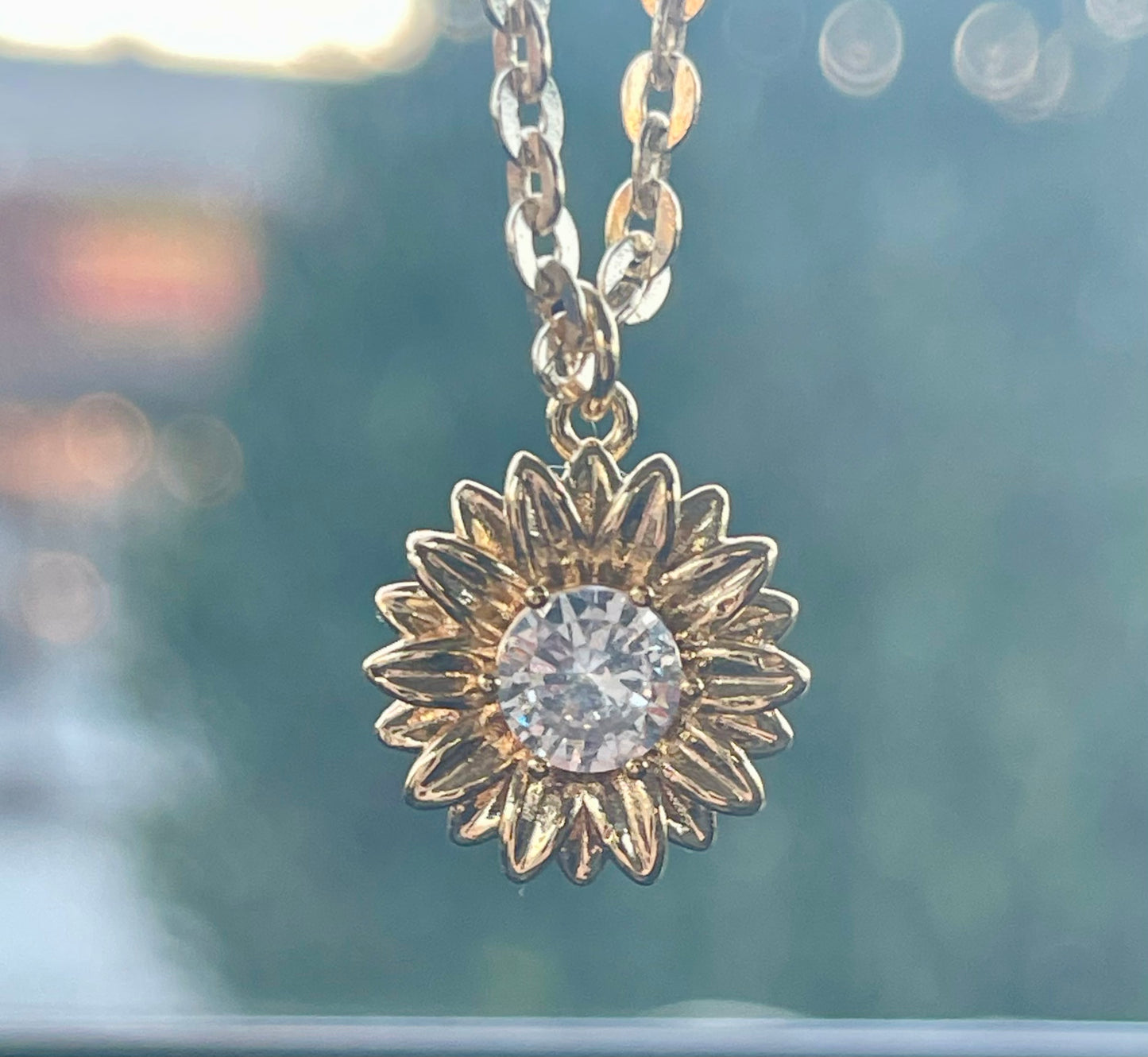 Golden Sunflower 🌻 Necklace: 14k Gold Filled Chain, CZ Center Charm & Clasp