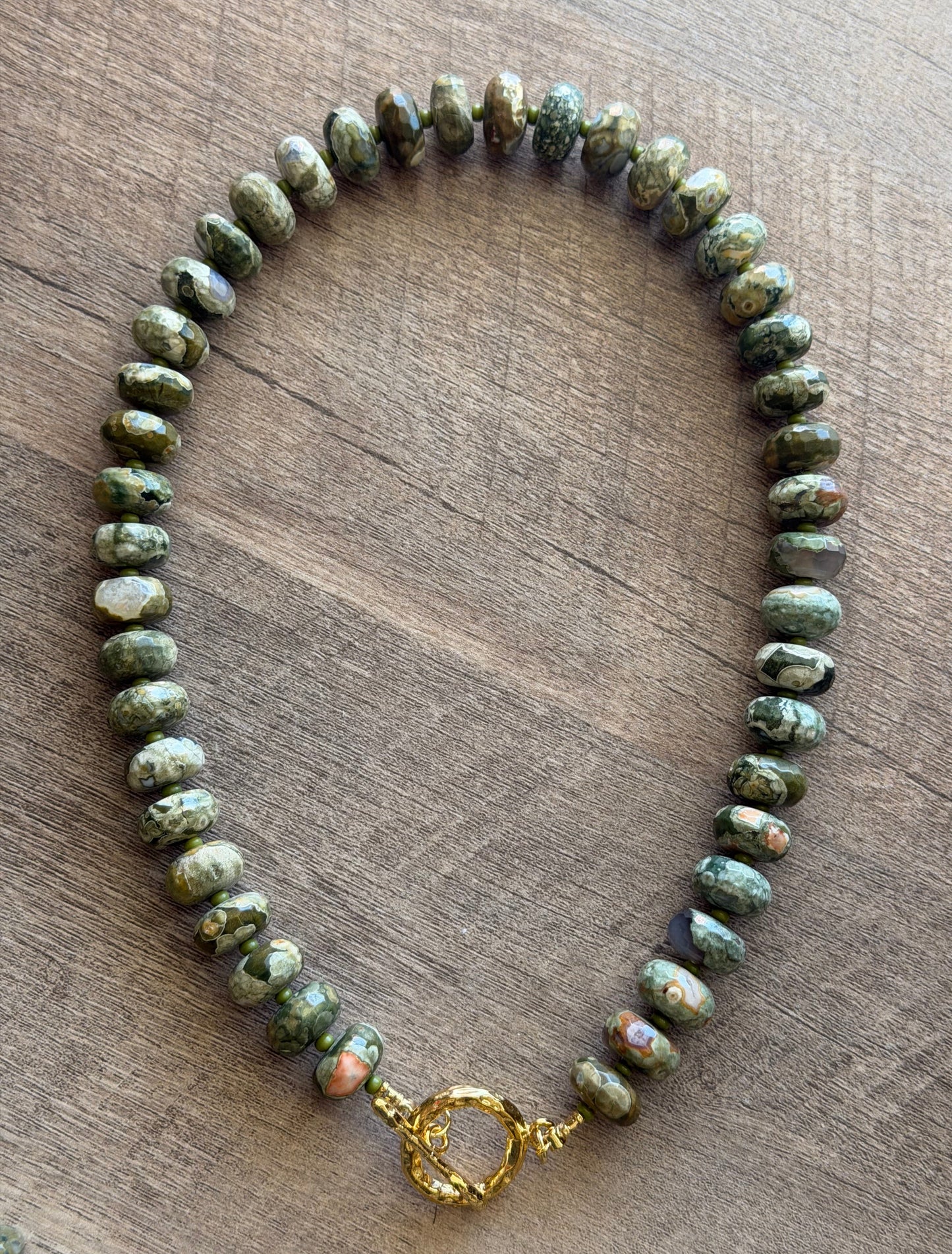 Queensland Rhyolite aka Australian Rainforest Jasper Necklace: Stunning Gemstone beads•Textured gold toggle clasp