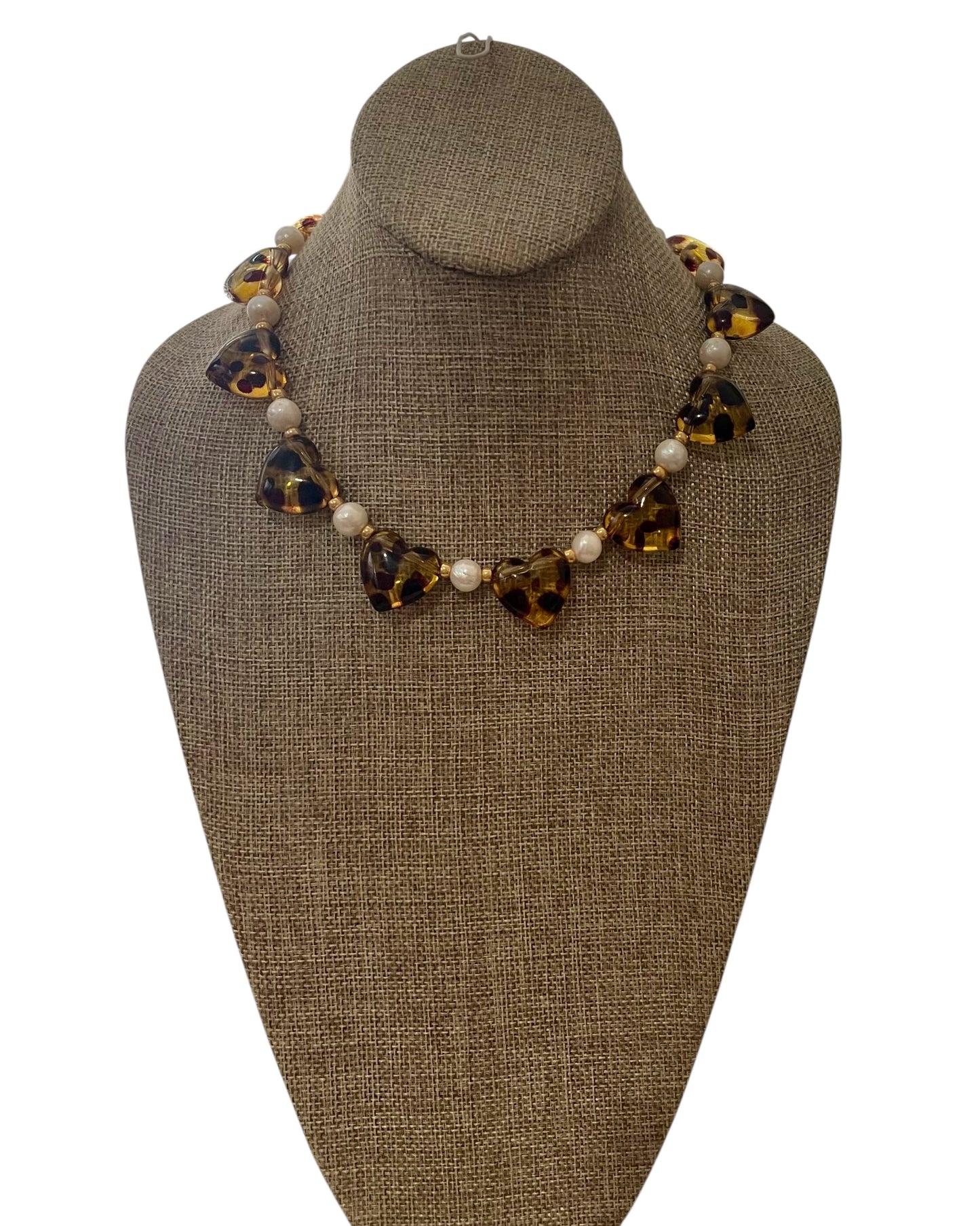Leopard Love Necklace: Acrylic Leopard Print hearts with gold glass accent beads and Freshwater Pearls Gold Pavé toggle clasp