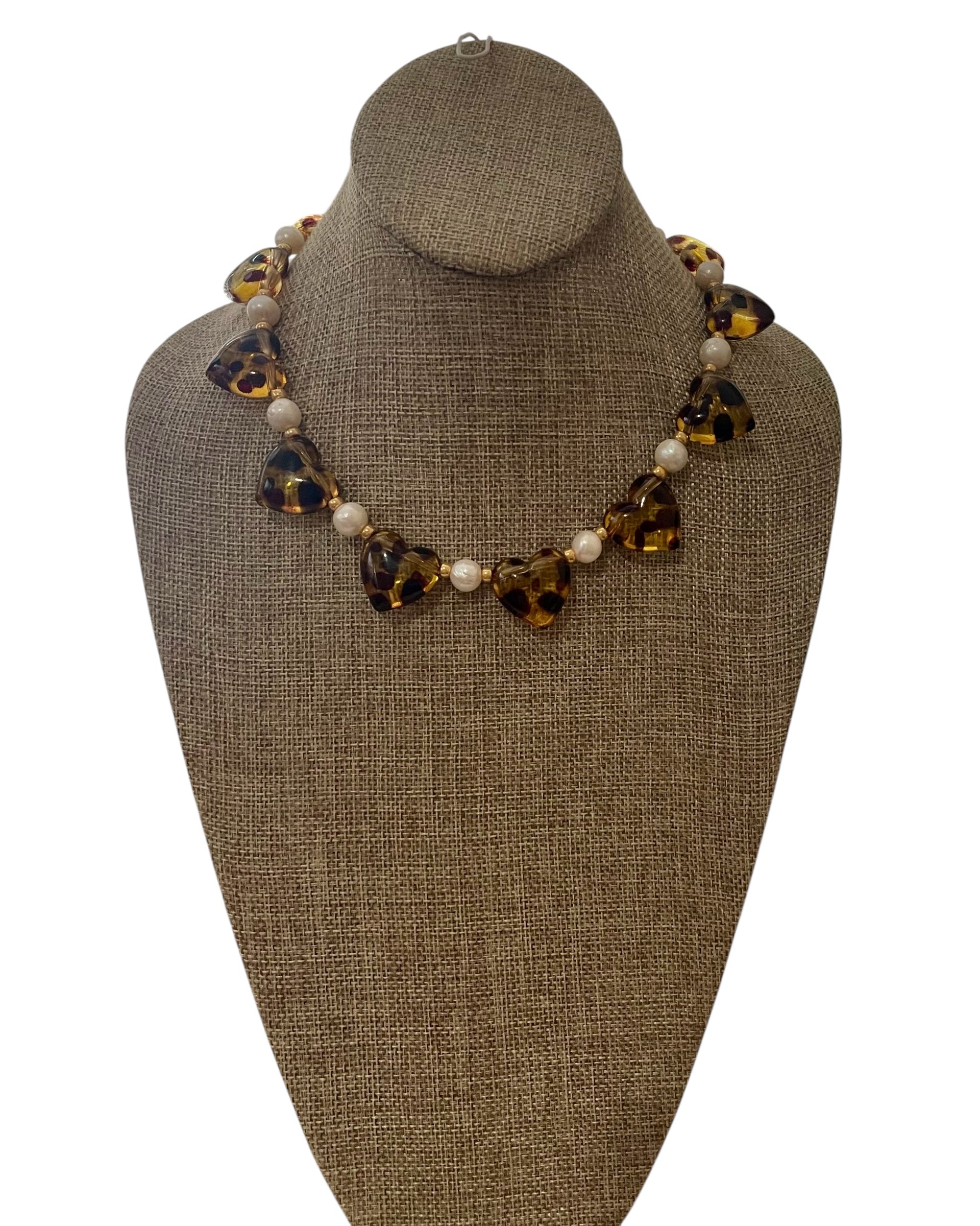 Leopard Love Necklace: Acrylic Leopard Print hearts with gold glass accent beads and Freshwater Pearls Gold Pavé toggle clasp