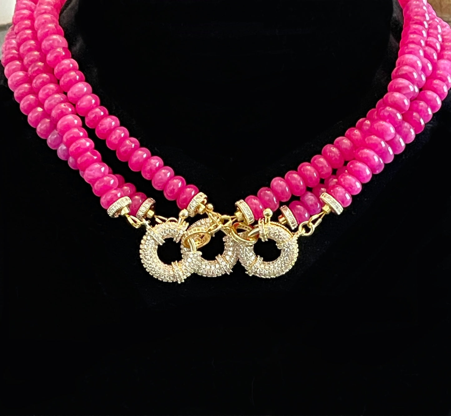 Fuchsia Jade Pavé Stunner: Fuchsia Jade Rondelle Beads with Pavé Center and Full Pavé Clasp> Wear 2 Ways!