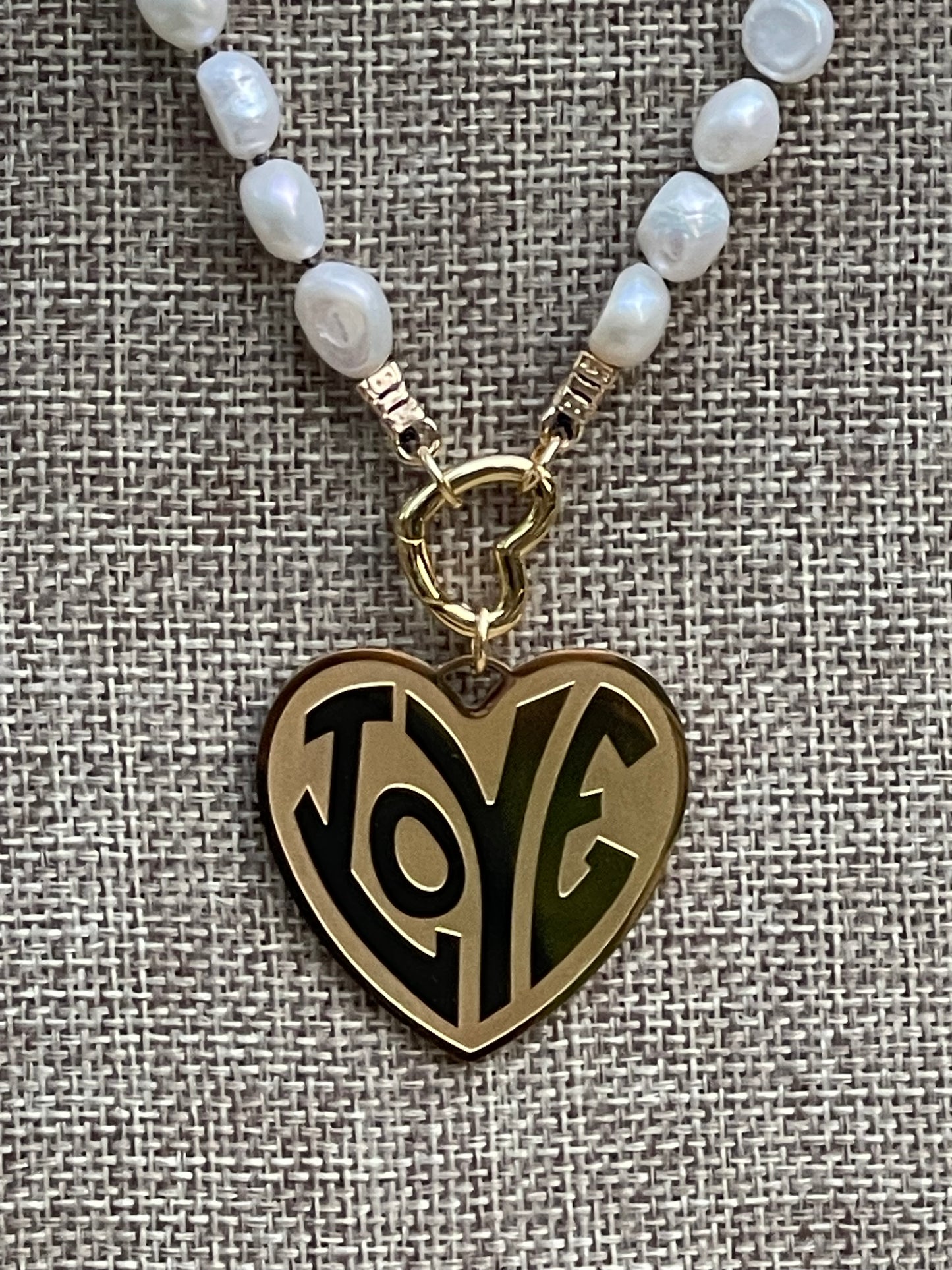 Can’t Buy Me Love Necklace: High Quality Lustrous Pearls HandKnotted on Black Silk Gold Heart Clasp and Love Heart Pendant OOAK