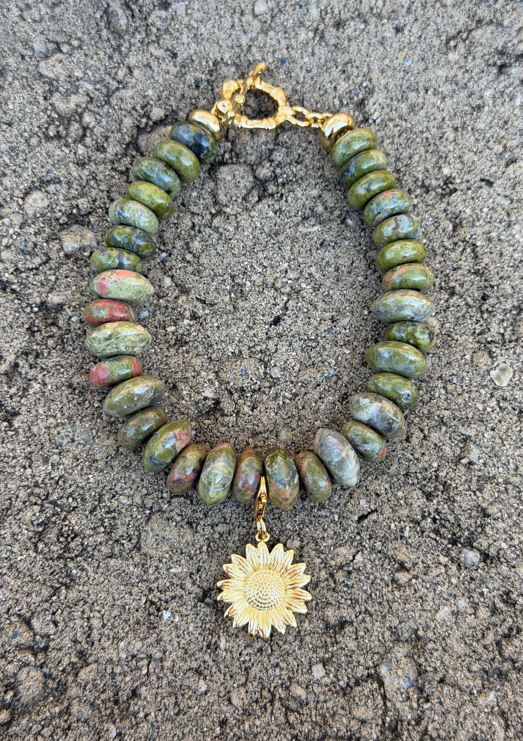 Unakite Gemstone Bead Bracelet w/ Removable Charm OOAK