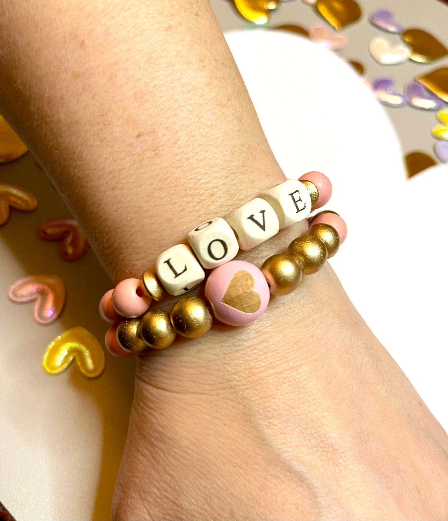 Pink & Gold LOVE Stack Stretch Bracelets (2)