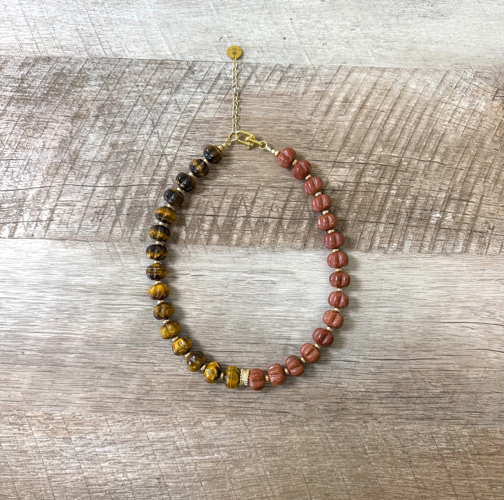Autumn Afterglow: Carved Tiger Eye and Goldstone with gold and pavé accents OOAK