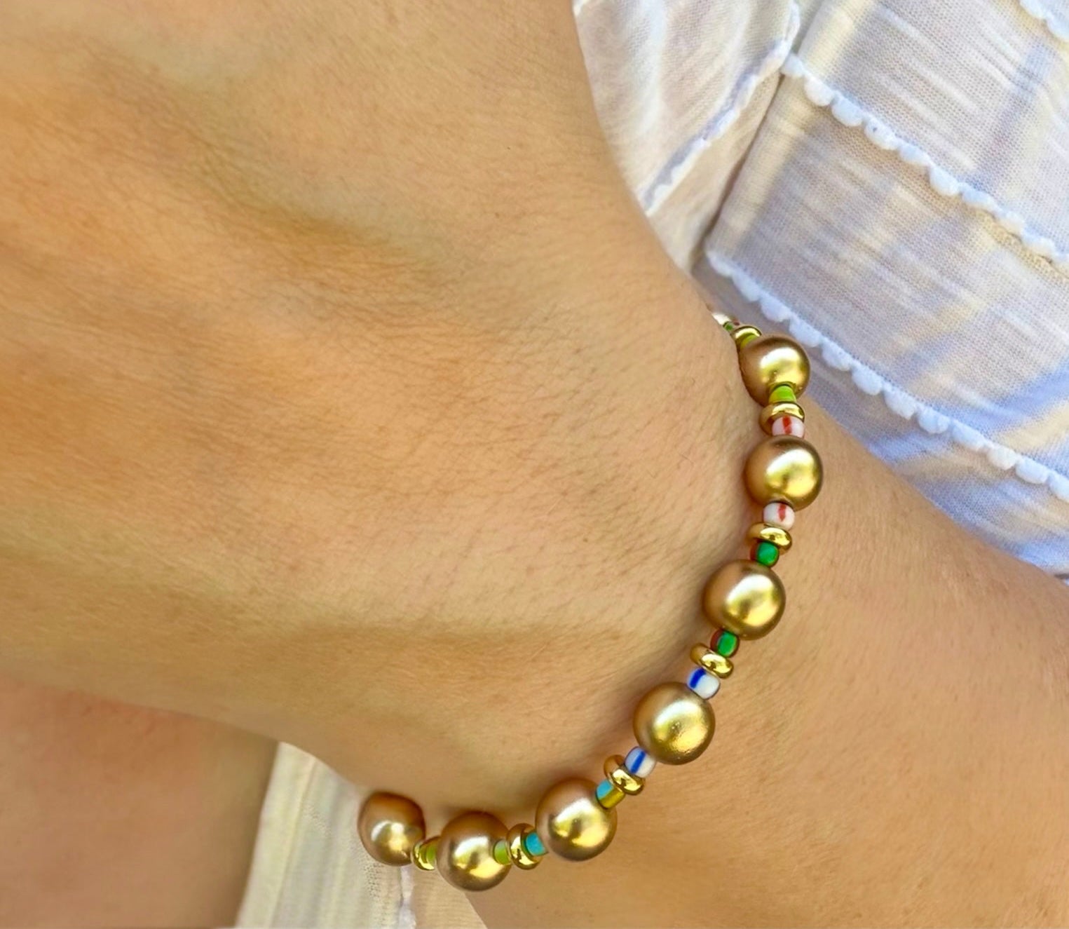The Good Mood Bracelet: OOAK Brushed Gold beads w/multicolor glass mini beads