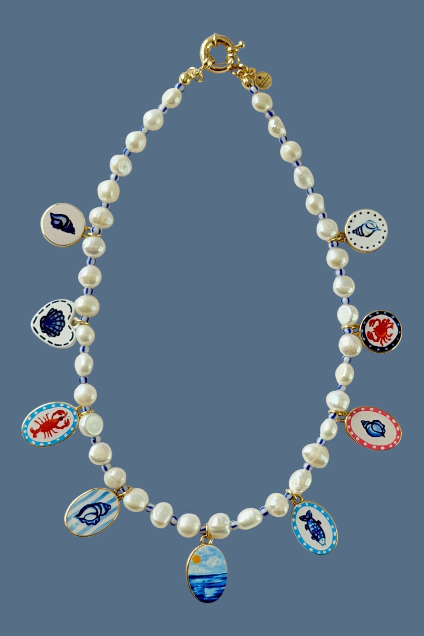 The Salt & Story Necklace: Freshwater Pearls, striped seed beads & Cloisonné charms OOAK