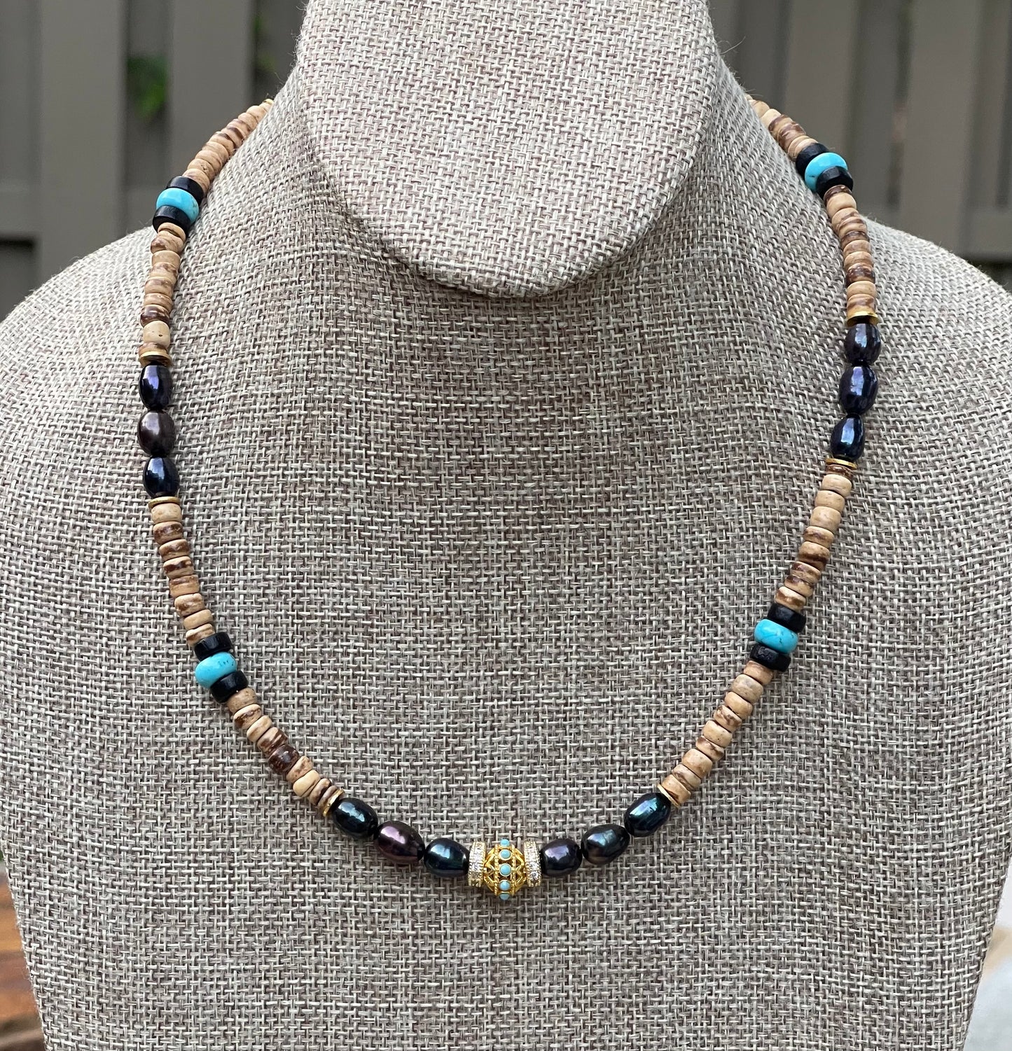 Coconut Midnight Pearl Necklace: Coconut Shell, Freshwater midnight Pearls, Turquoise & gold accents OOAK