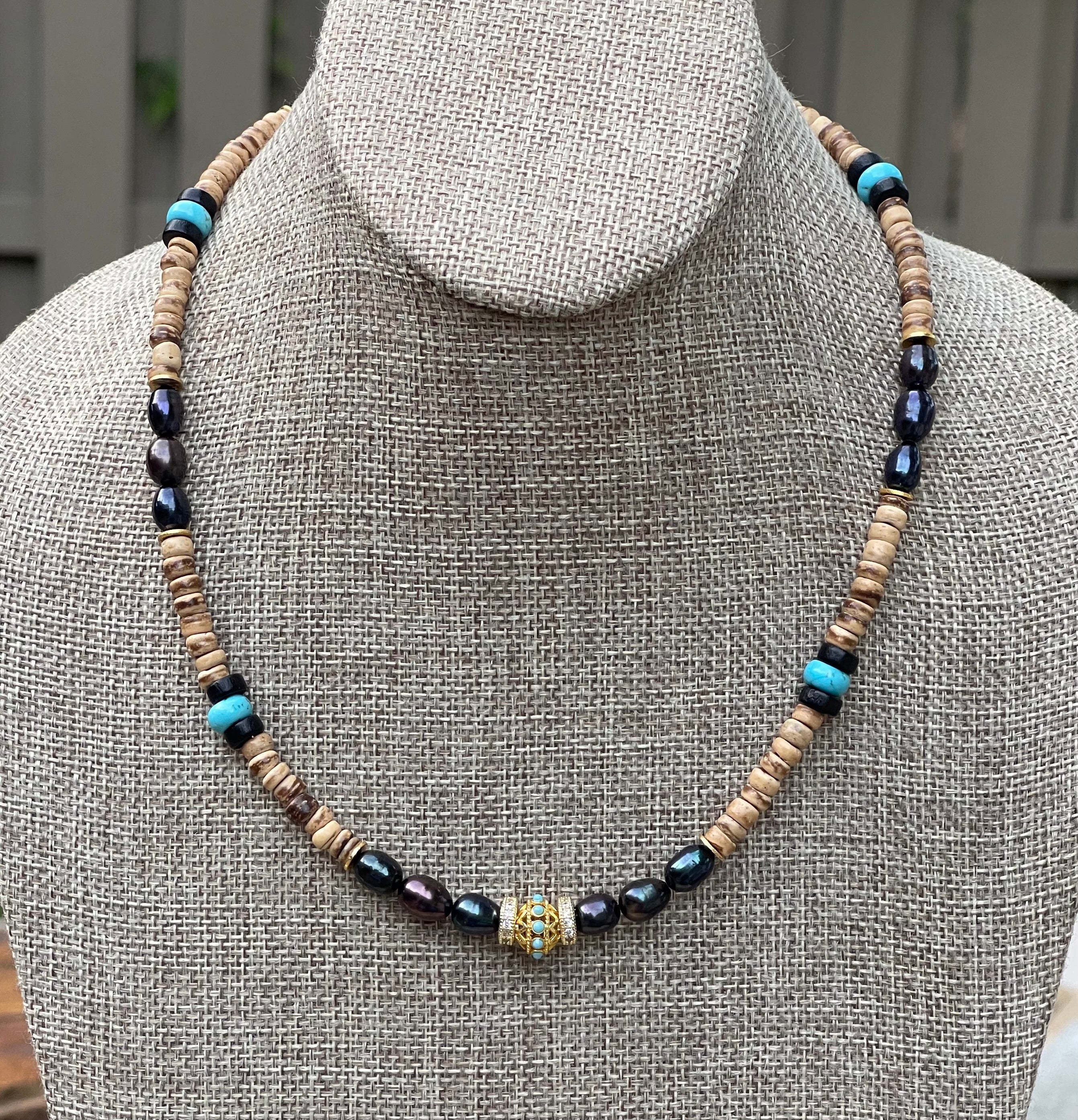 Coconut Midnight Pearl Necklace: Coconut Shell, Freshwater midnight Pearls, Turquoise & gold accents OOAK