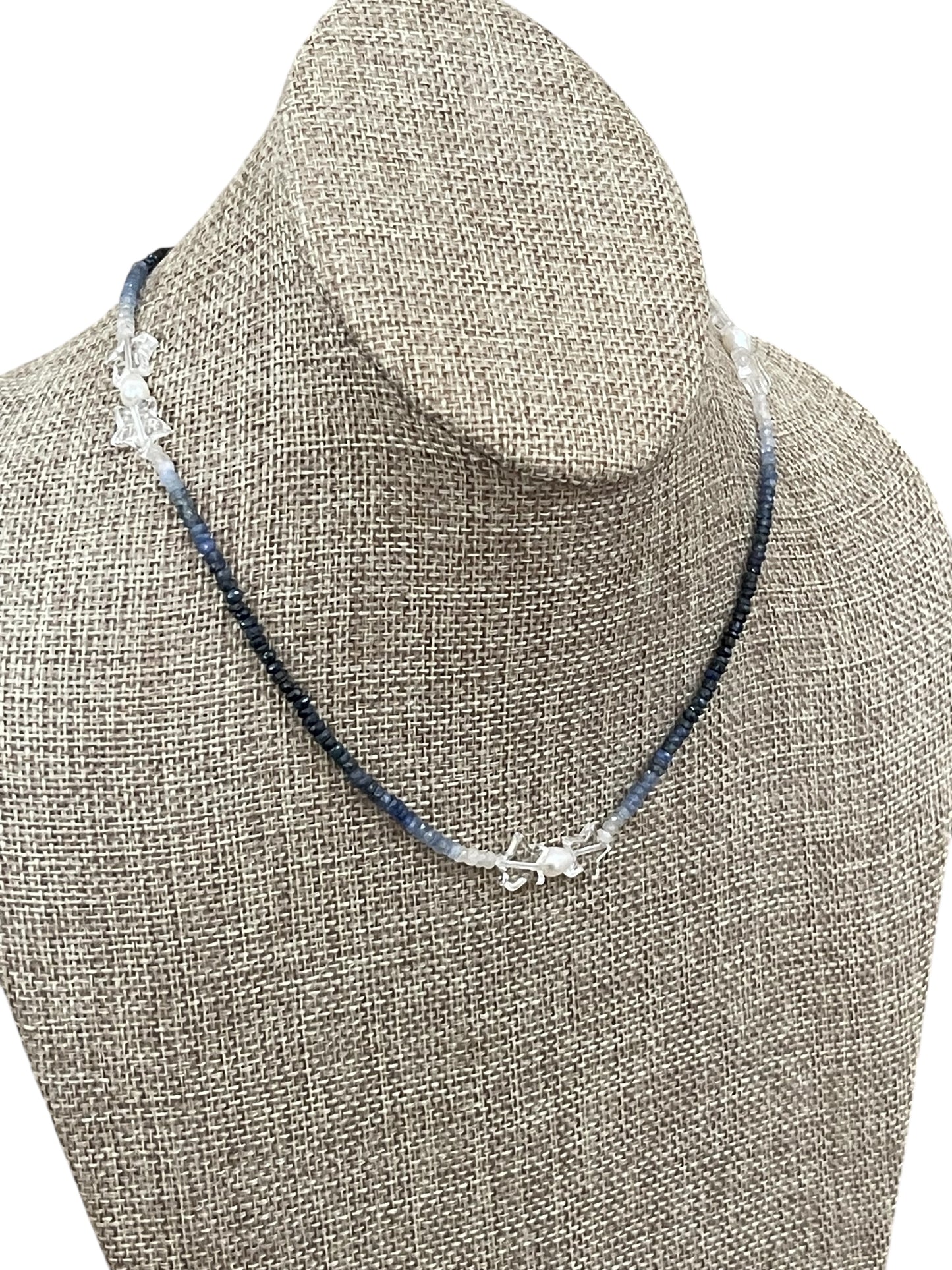 Starry Sky Necklace: Faceted Sapphire Gemstone beads in ombré pattern, Clear Quartz Stars, Freshwater Pearls, Gold clasp w blue CZ OOAK