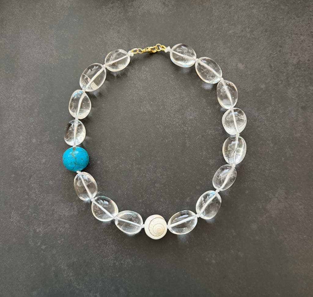 The Ocean Ice Necklace: Clear Quartz with Shiva shell and Turquoise accent
