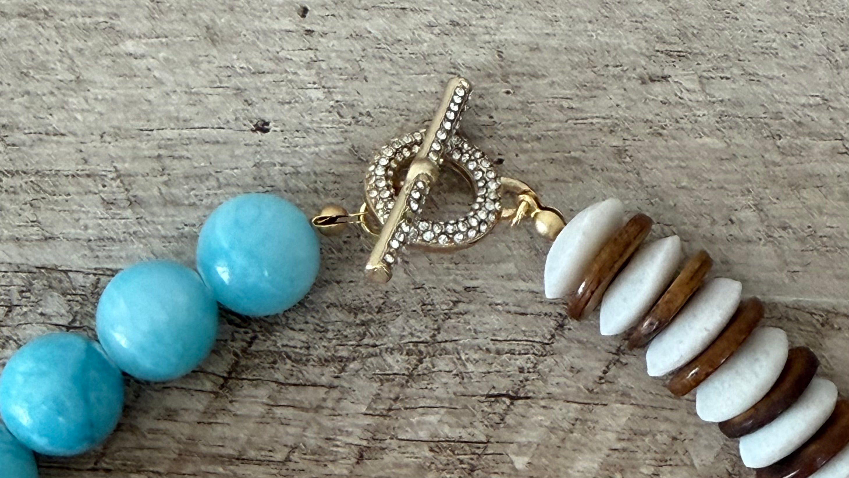 Sky & Timber Necklace: Ashanti glass, wood, and Jade with gold pavé clasp