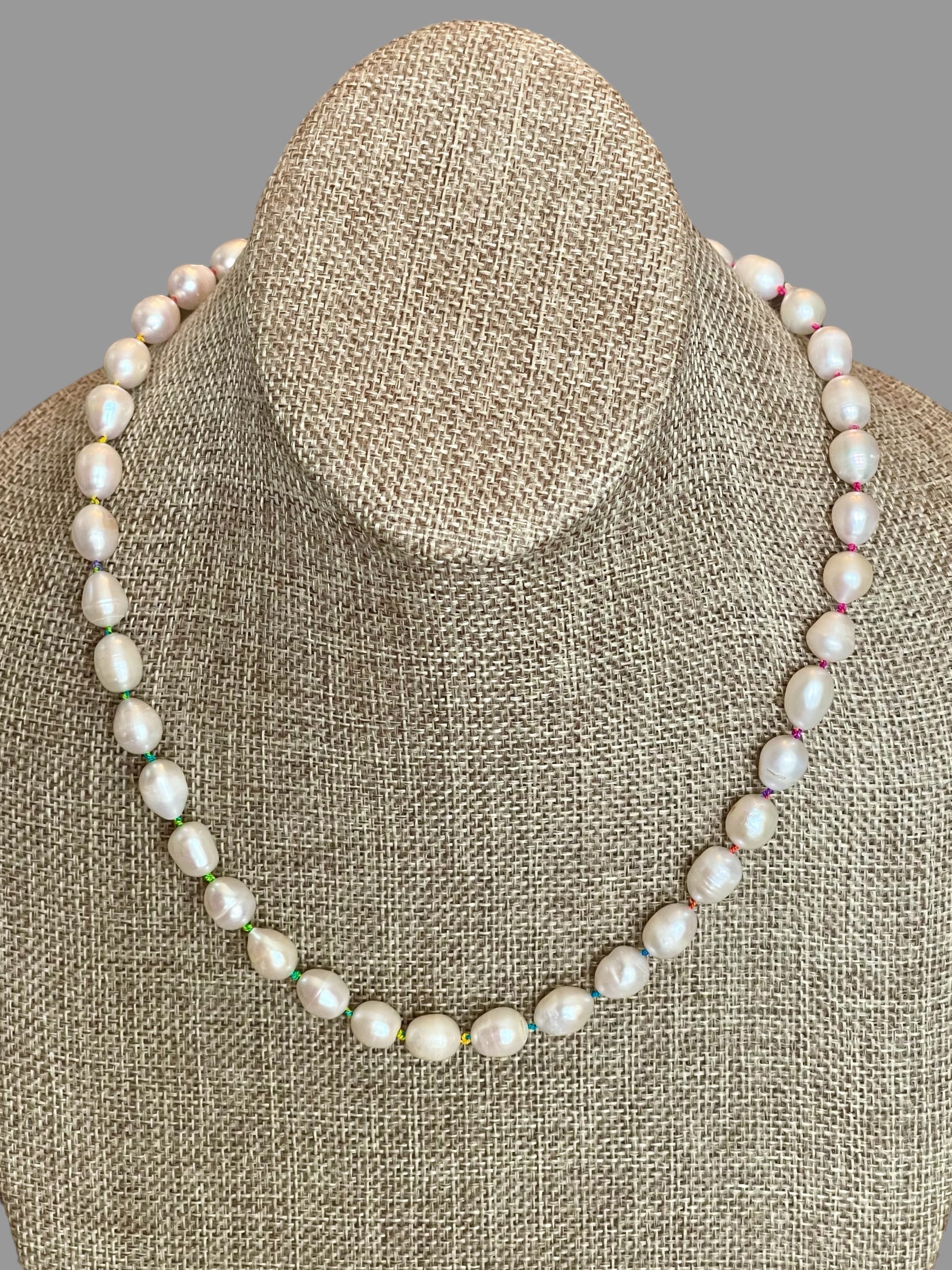 Rainbow Pearls Necklace OOAK! Freshwater Pearls Handknotted on Rainbow Silk