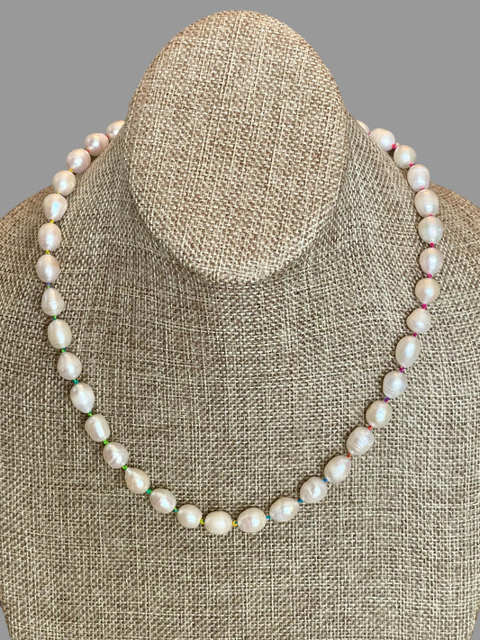 Rainbow Pearls Necklace OOAK! Freshwater Pearls Handknotted on Rainbow Silk