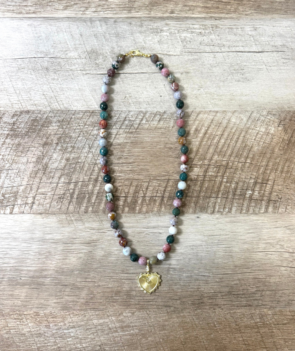 Heart & Soul Necklace: Faceted Ocean Jasper handknotted on deep burgundy. Removable gold heart